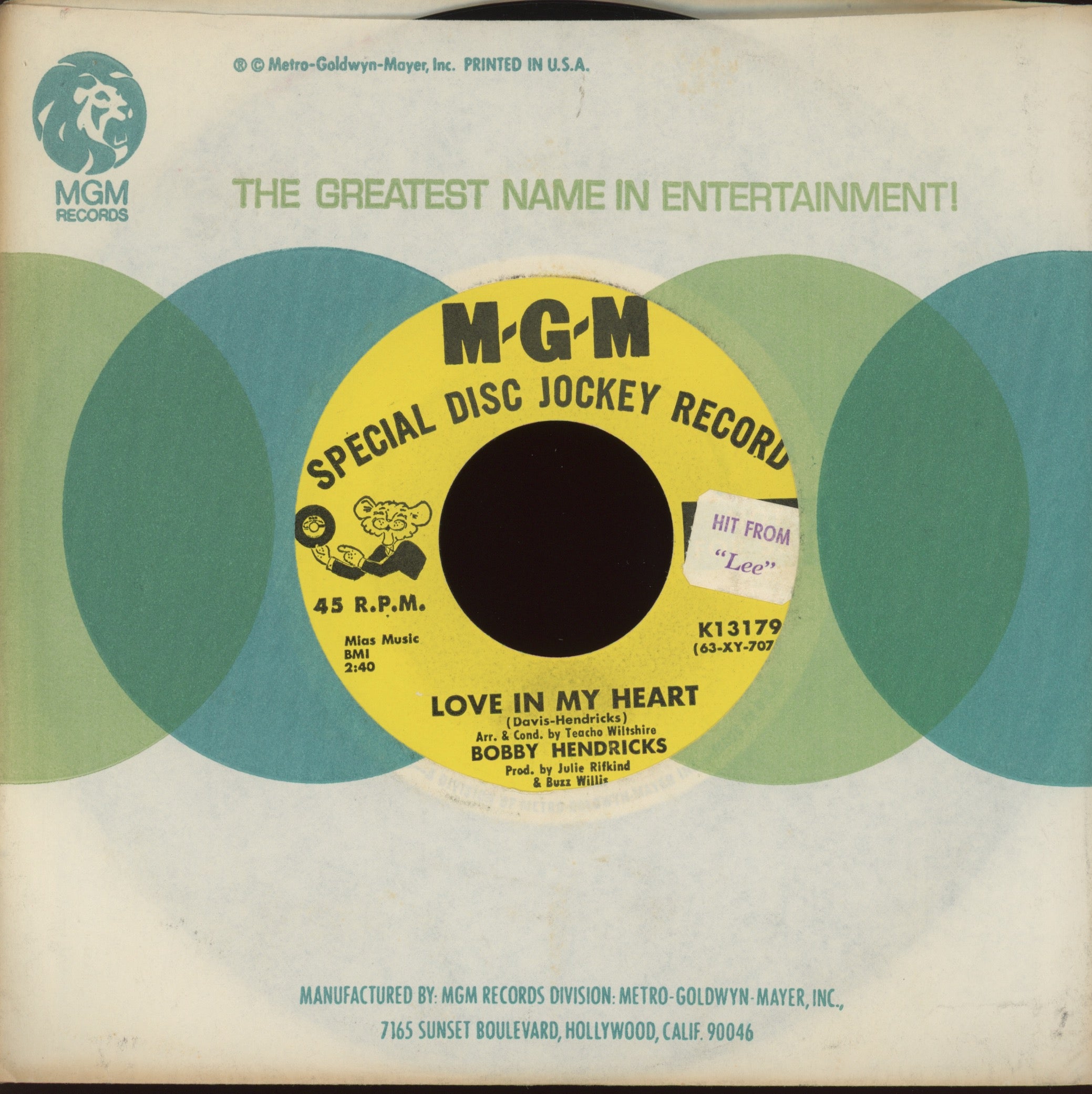 Bobby Hendricks -Love In My Heart on MGM Promo Northern Soul 45