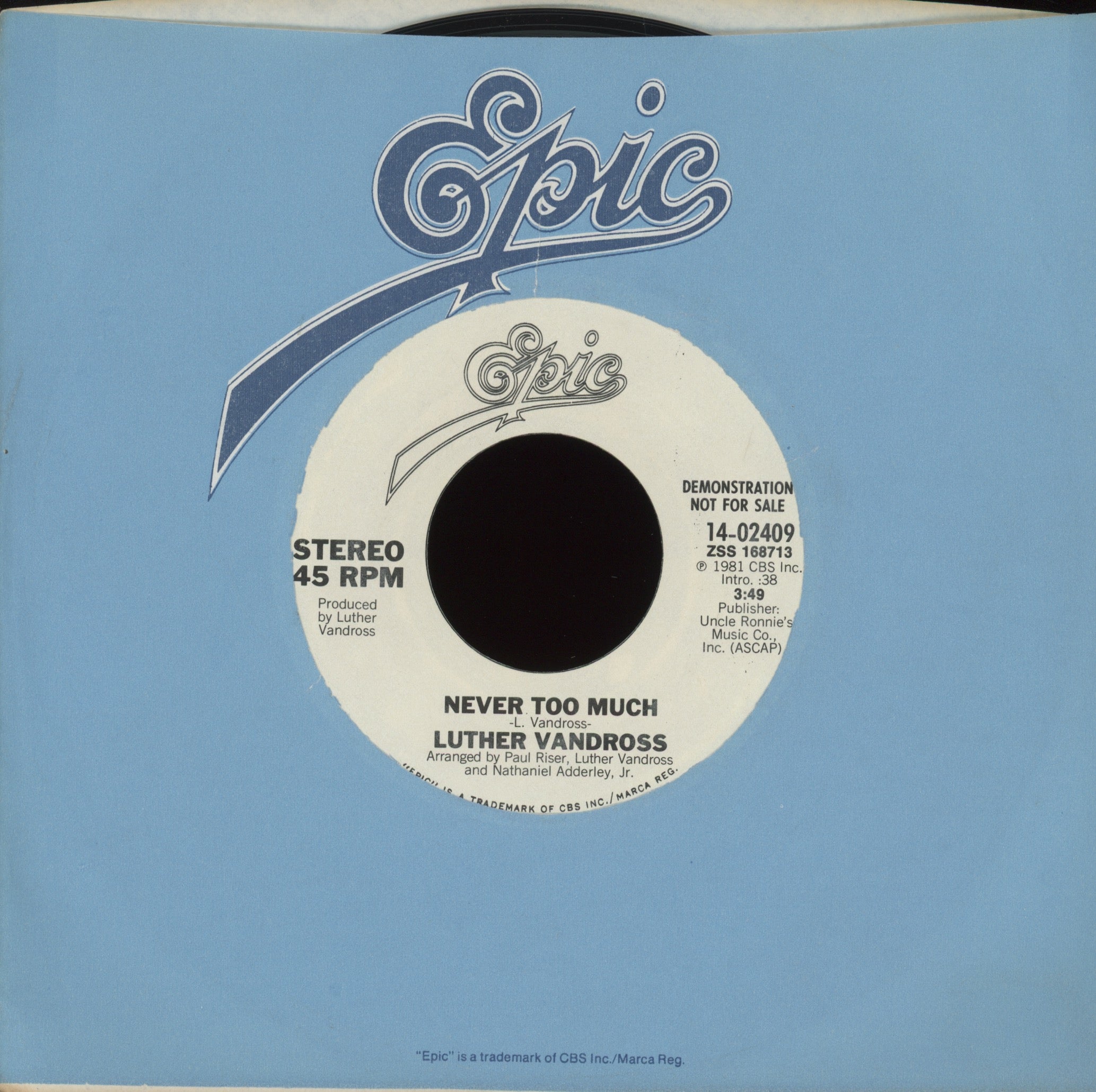 Luther Vandross - Never Too Much on Epic Promo Modern Soul 45