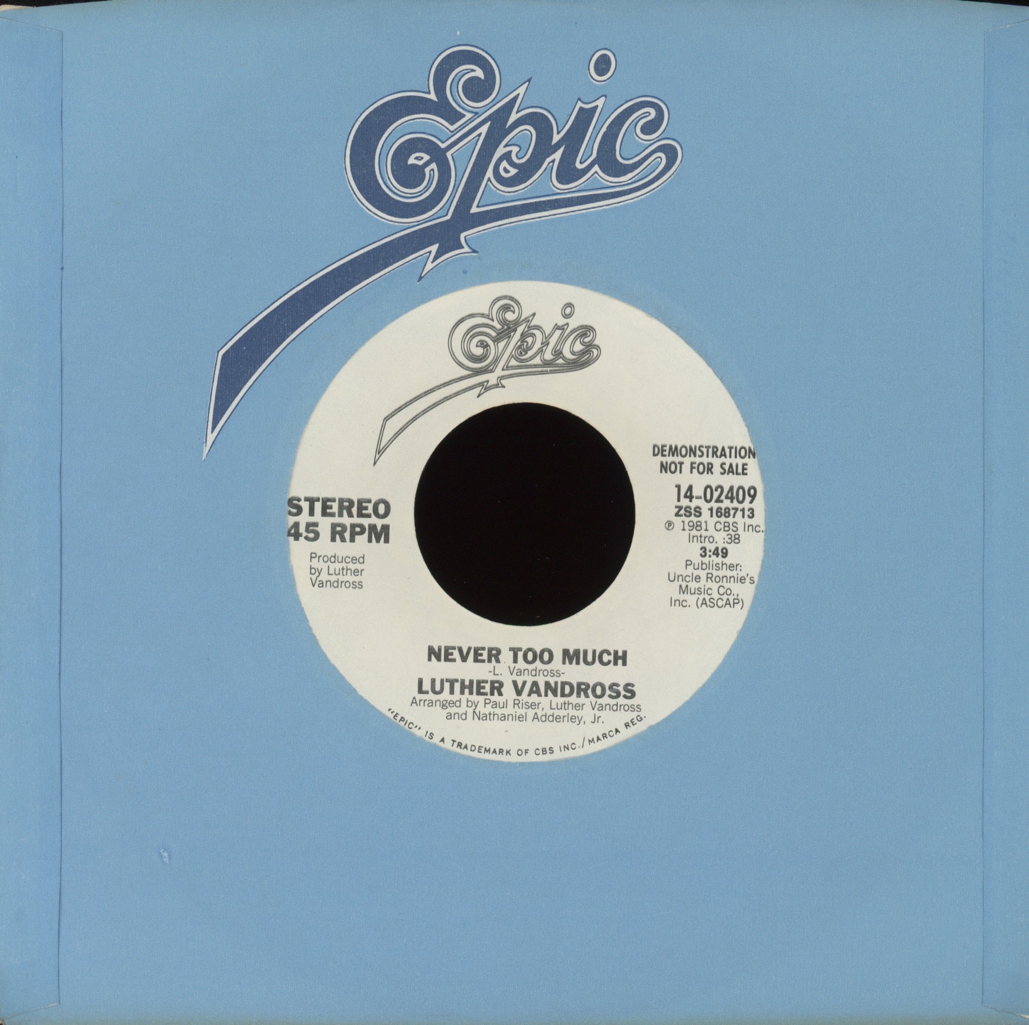 Luther Vandross - Never Too Much on Epic Promo Modern Soul 45