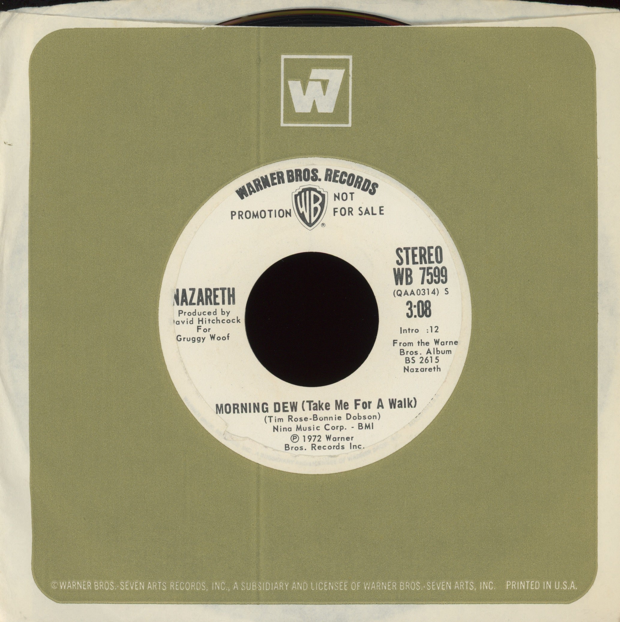 Nazareth - Morning Dew (Take Me For A Walk) on WB Promo Rock 45