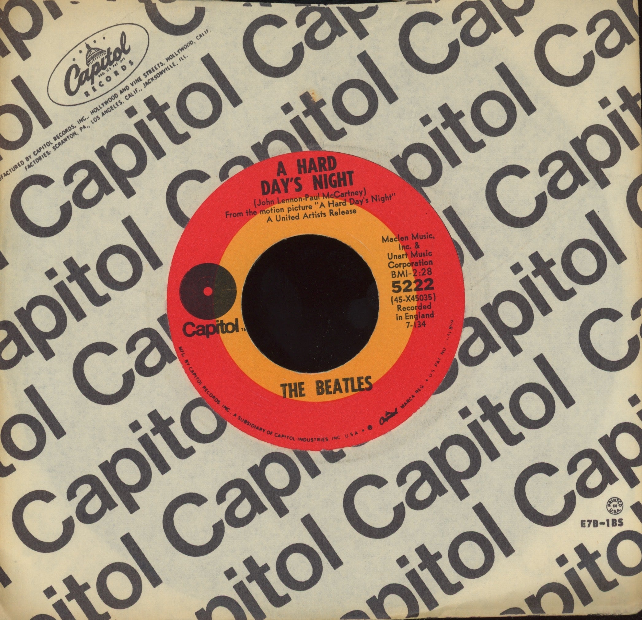 The Beatles - A Hard Day's Night on Capitol Target Logo Rock 45