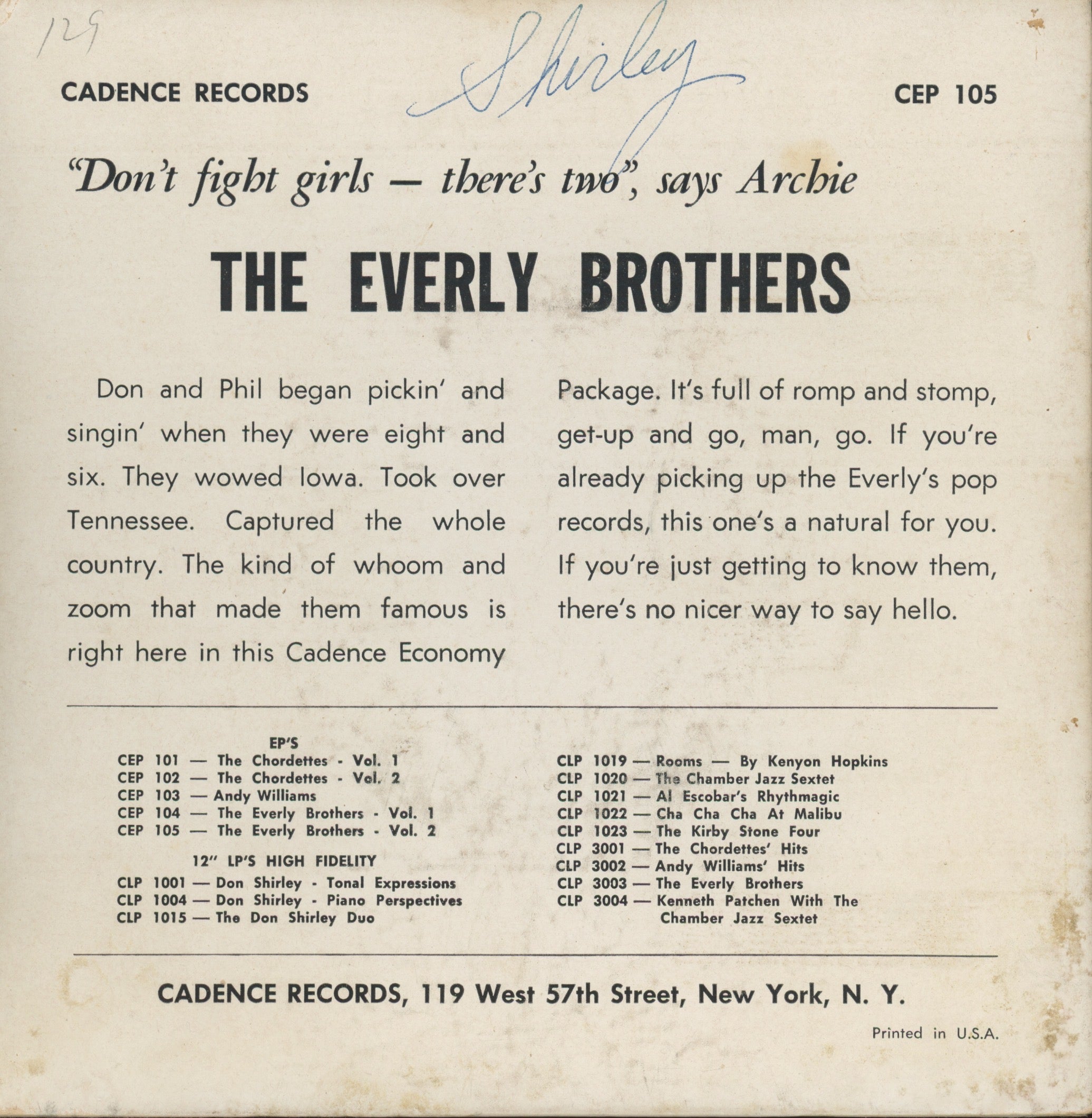 Everly Brothers - Everly Bros. on Cadence CEP-105 45 EP With Picture Cover