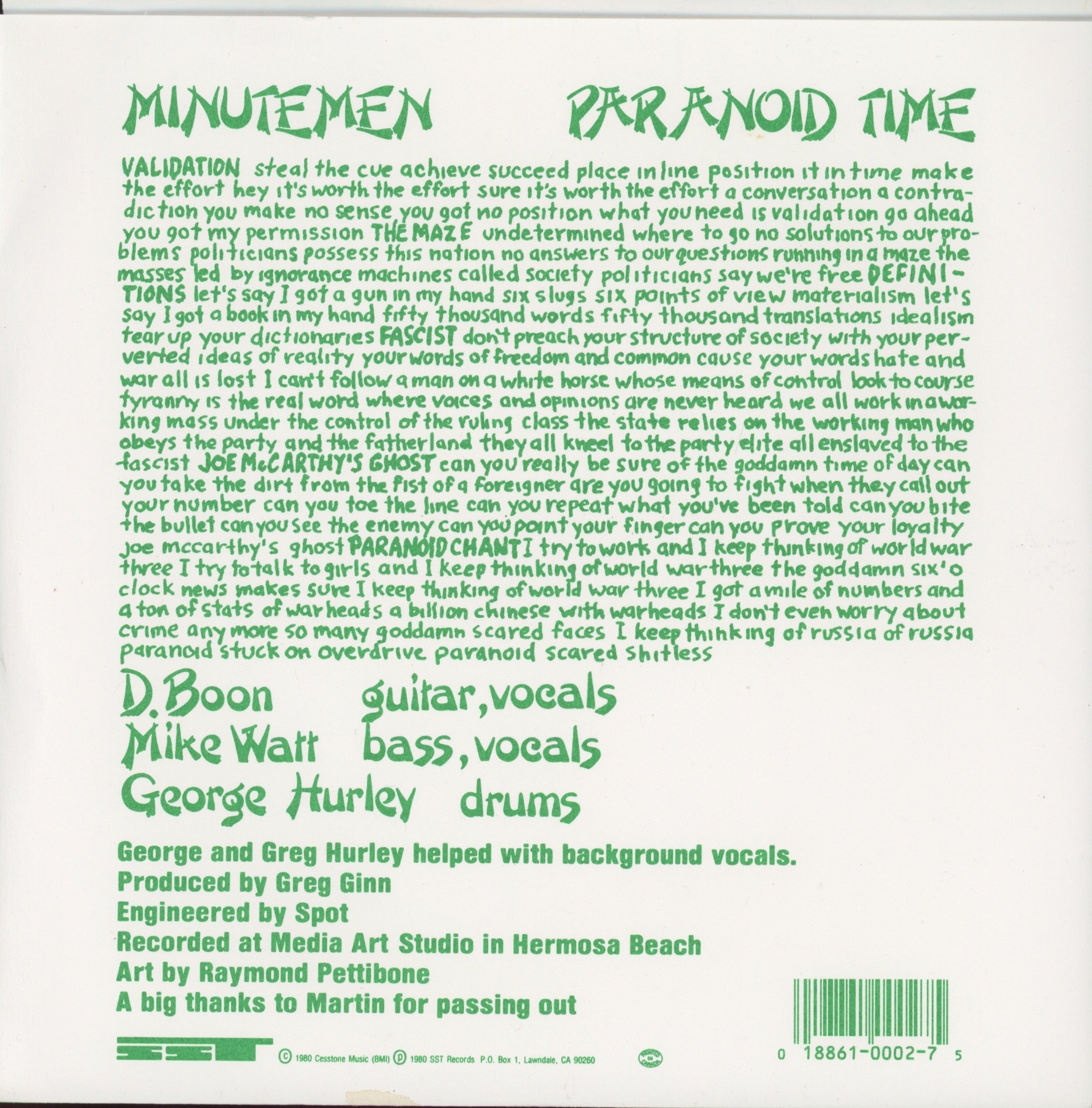 Minutemen - Paranoid Time on SST 7" With Picture Sleeve Reissue