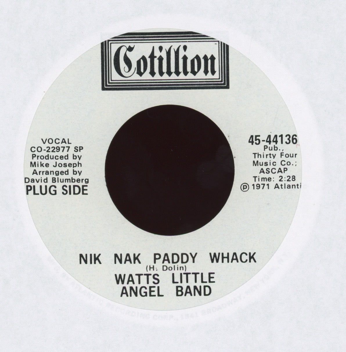 Watts Little Angel Band - Nik Nak Paddy Whack / New Orleans/Land Of A 1000 Dances on Cotillion Promo 45 With Picture Sleeve