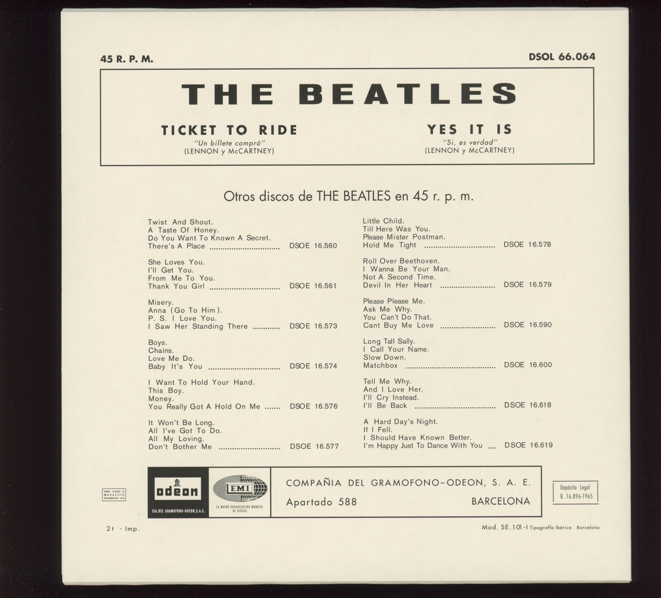 The Beatles - Ticket To Ride / Yes It Is on Odeon 7" Reissue With Picture Cover