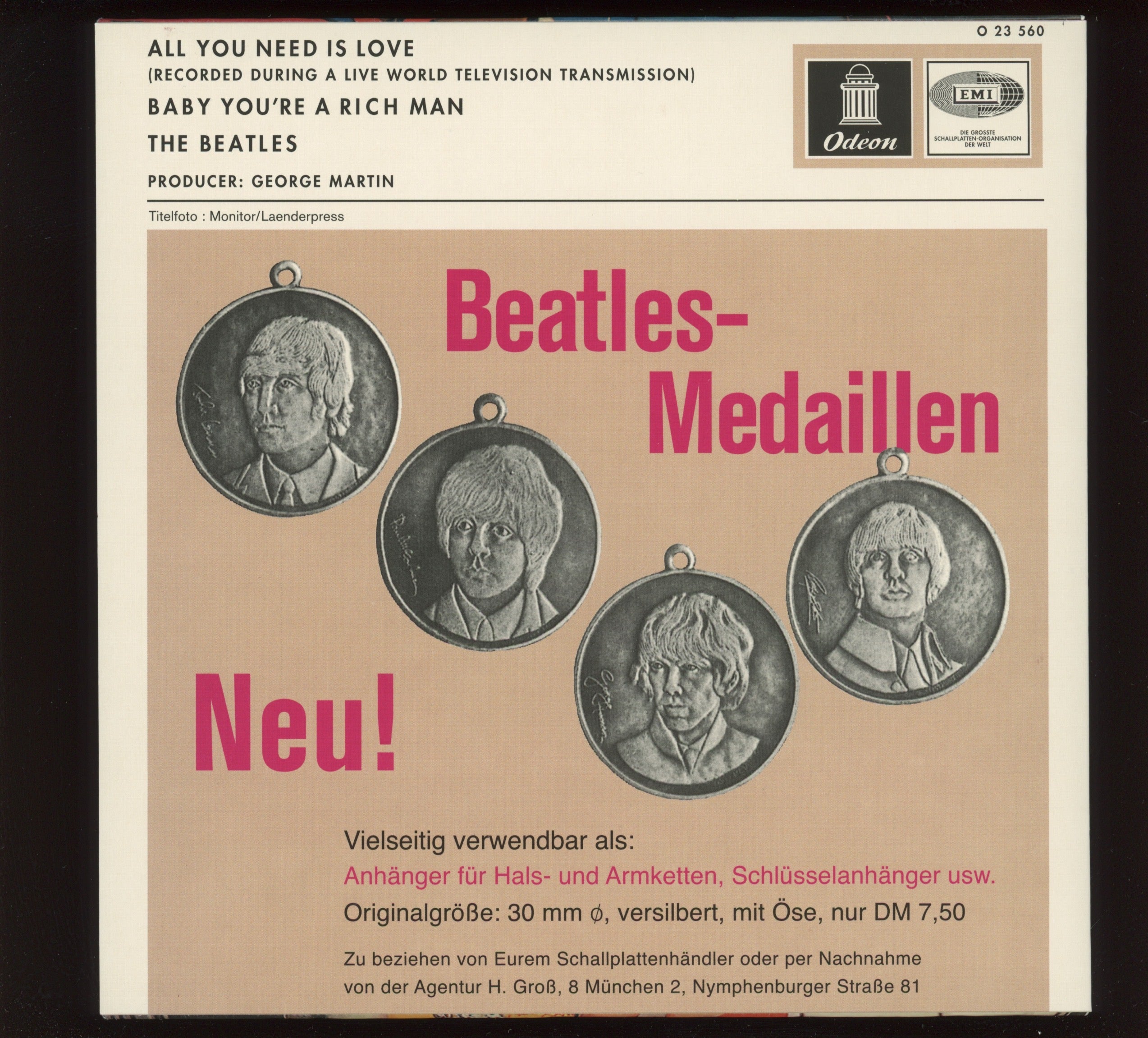 The Beatles - All You Need Is Love / Baby You`re A Rich Man on Odeon 7" Reissue With Picture Cover