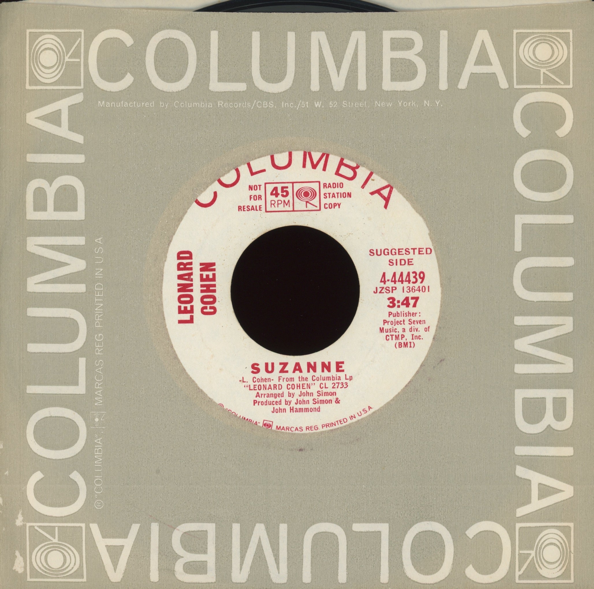 Leonard Cohen - Suzanne on Columbia Promo 45