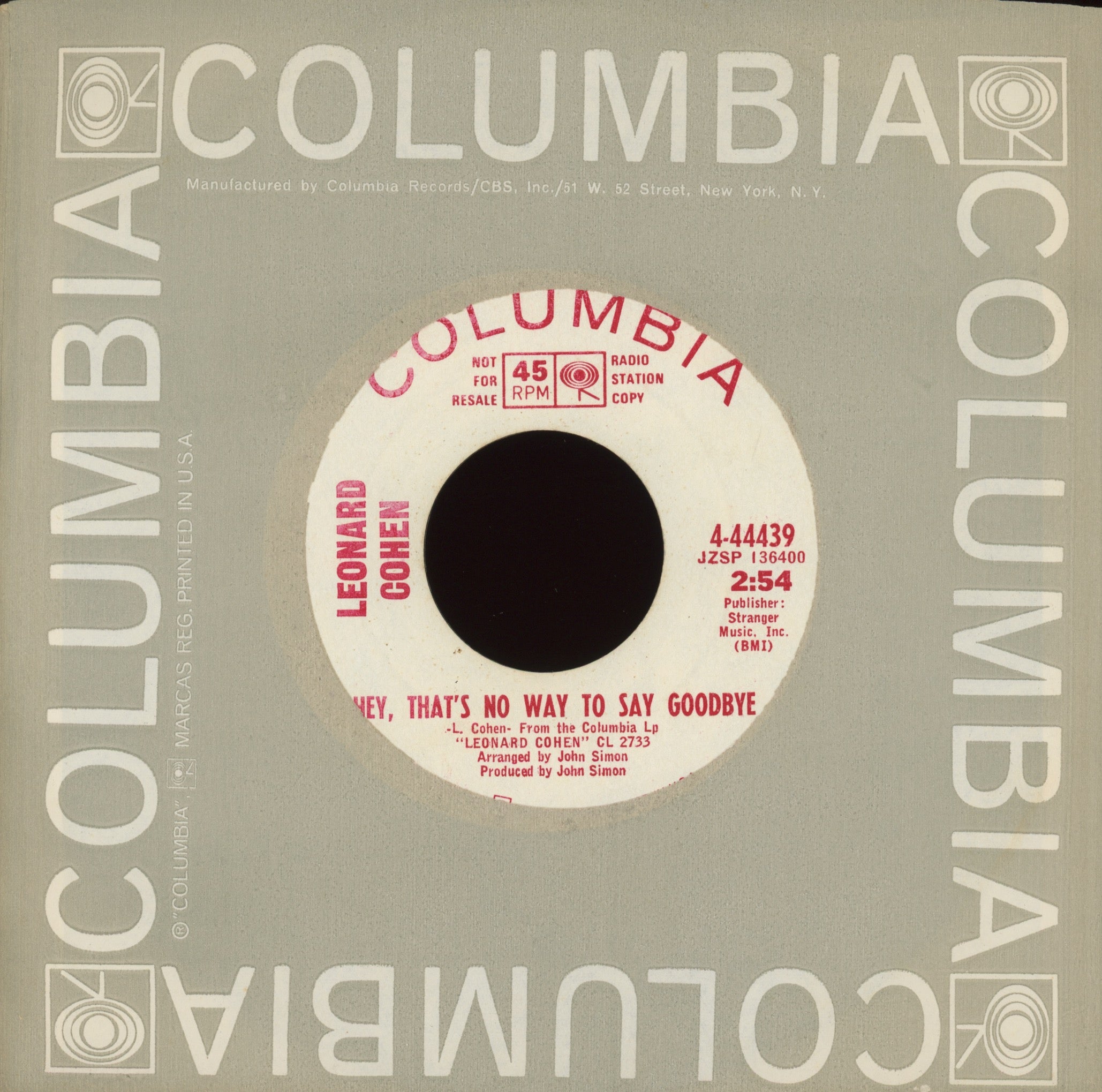 Leonard Cohen - Suzanne on Columbia Promo 45
