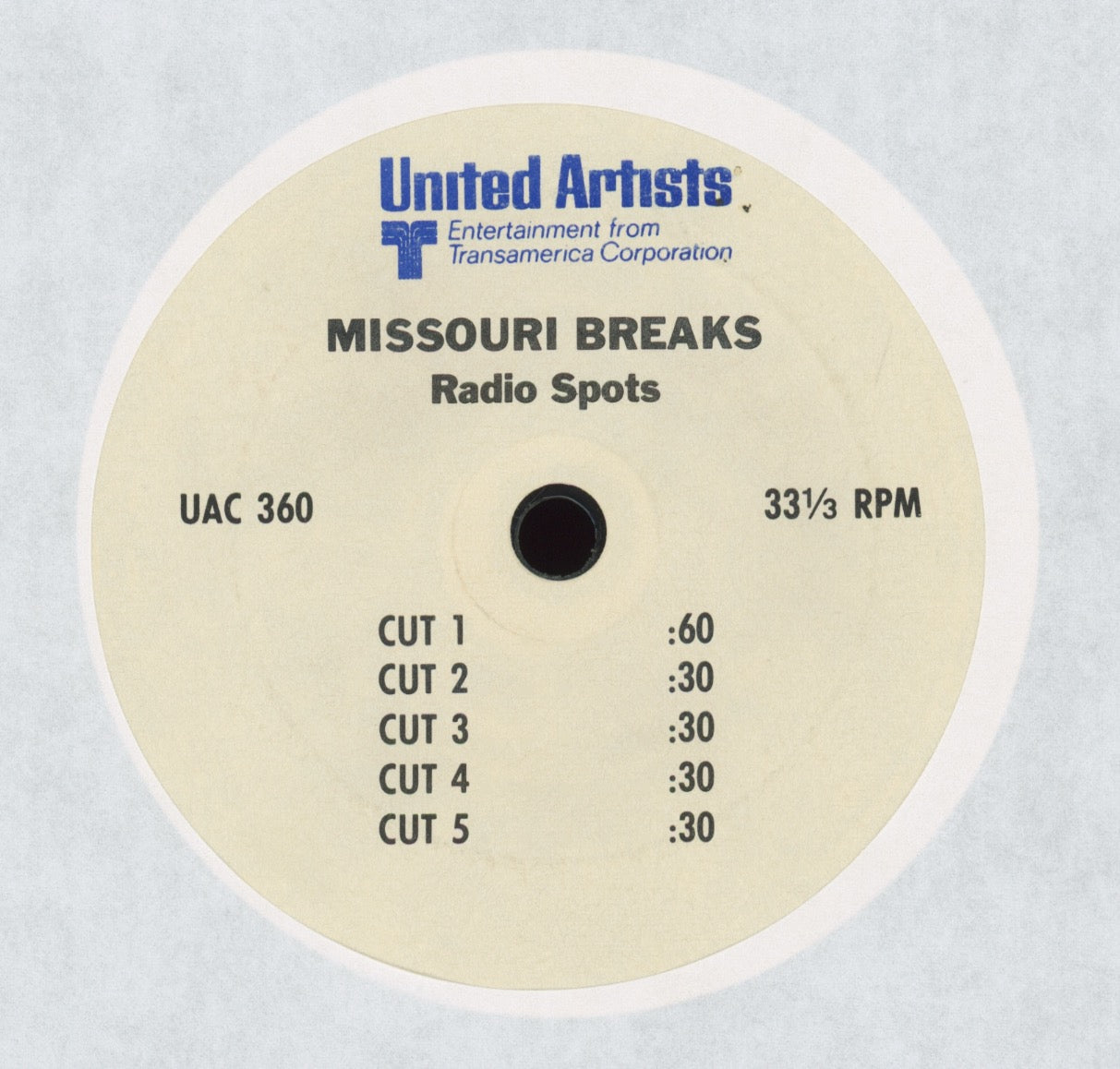 No Artist - Missouri Breaks - Radio Spots United Artists Single Sided Movie Promo 7"