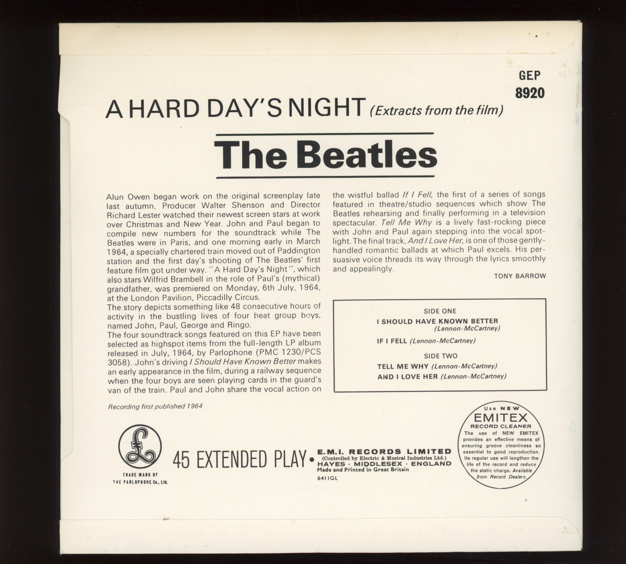 The Beatles - Extracts From The Film A Hard Day's Night on Parlophone U.K. 45 With Picture Sleeve Reissue