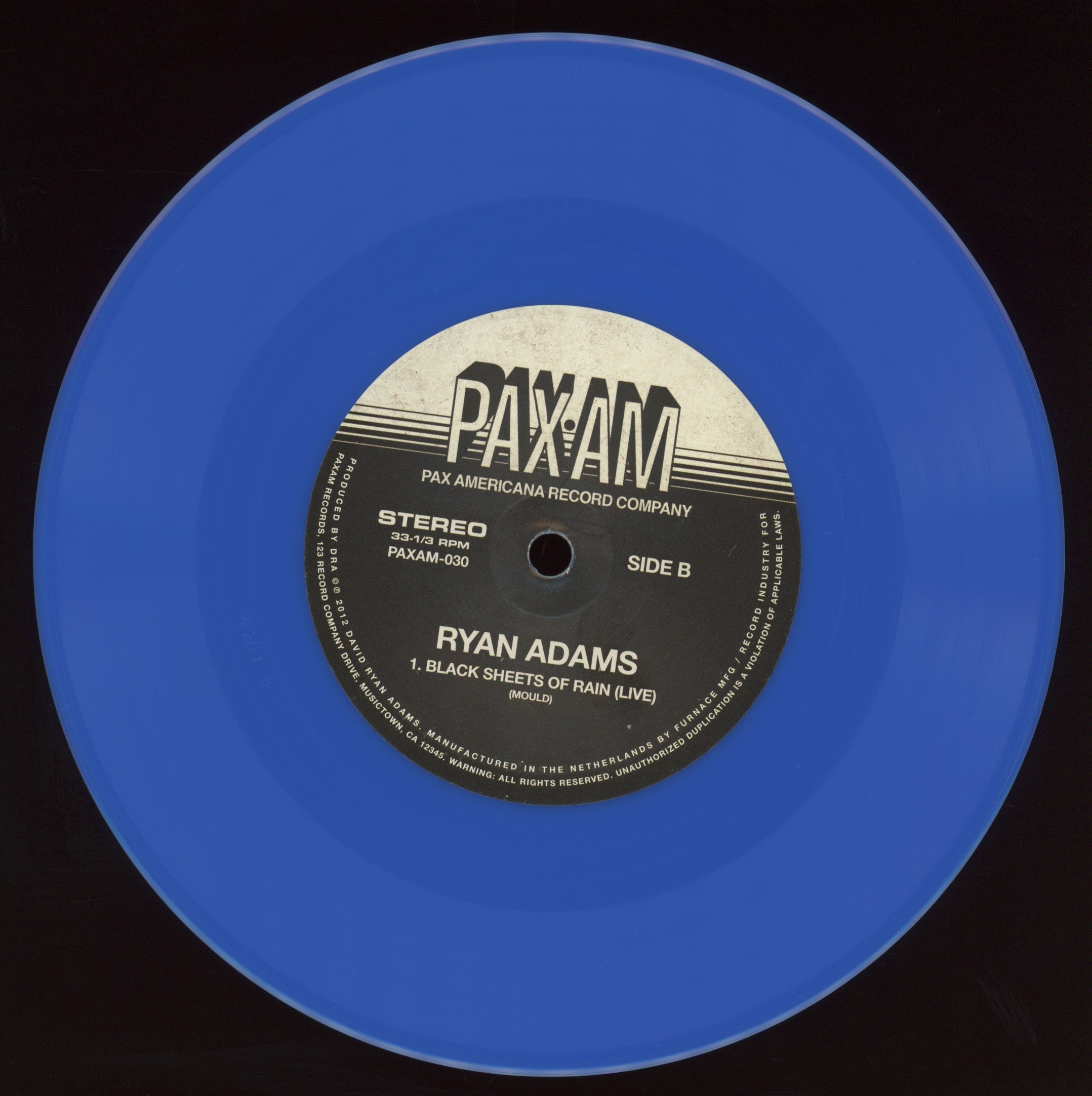 Ryan Adams - Heartbreak A Stranger / Black Sheets Of Rain on Pax Americana RSD 2012 Ltd Blue Vinyl 7" With Picture Sleeve