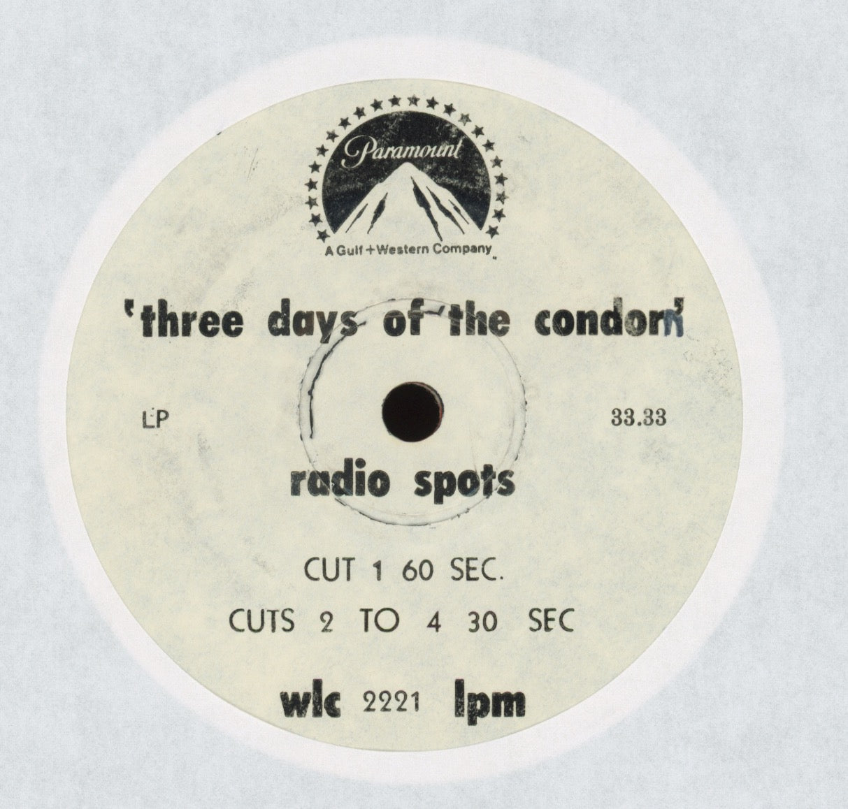 No Artist - Three Days Of The Condor (Radio Spots) on Paramount Single Sided Movie Promo 7"