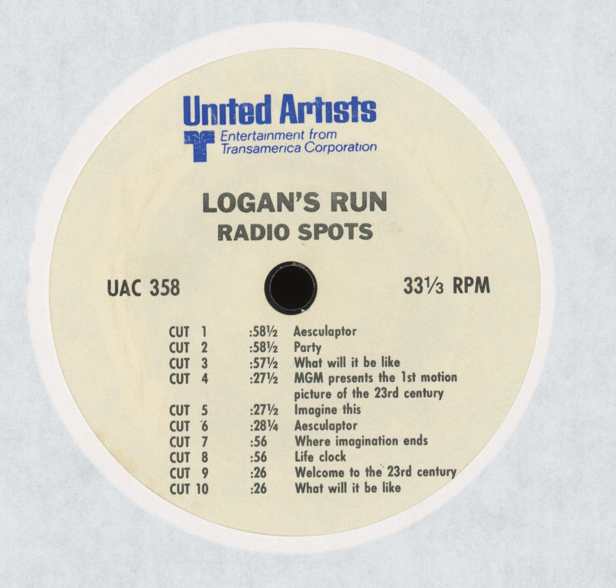 Jerry Goldsmith - Logan's Run Radio Spots on United Artists Single Sided Movie Promo 7"
