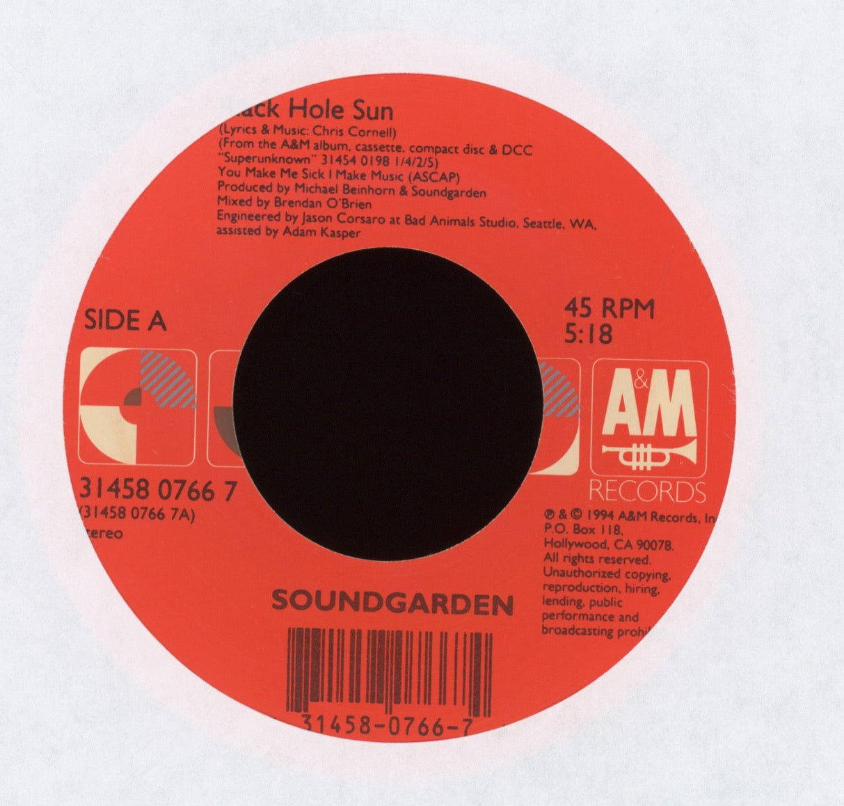 Soundgarden - Black Hole Sun on A&M 45