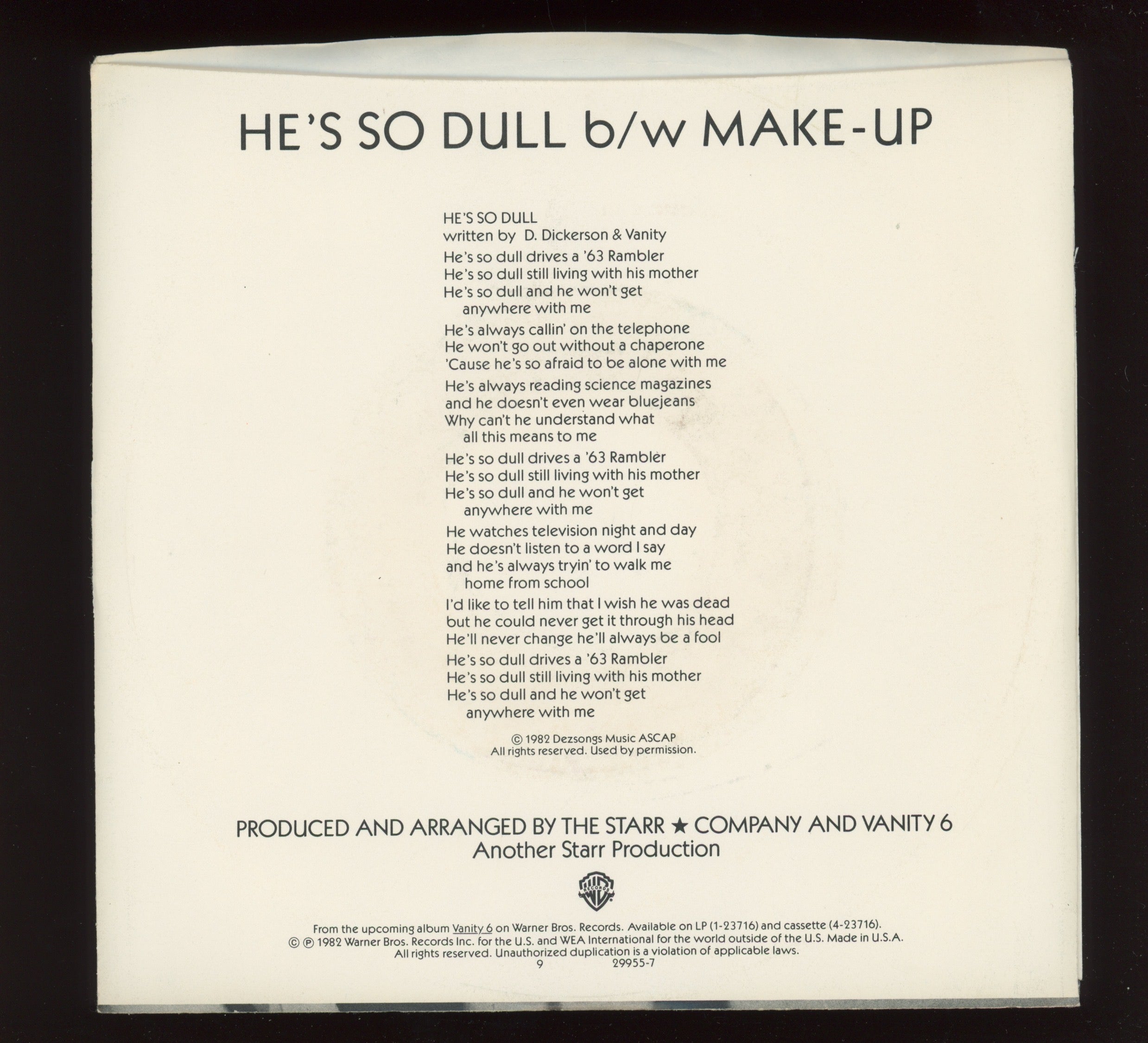 Vanity 6 - He's So Dull on Warner Bros. Promo 45
