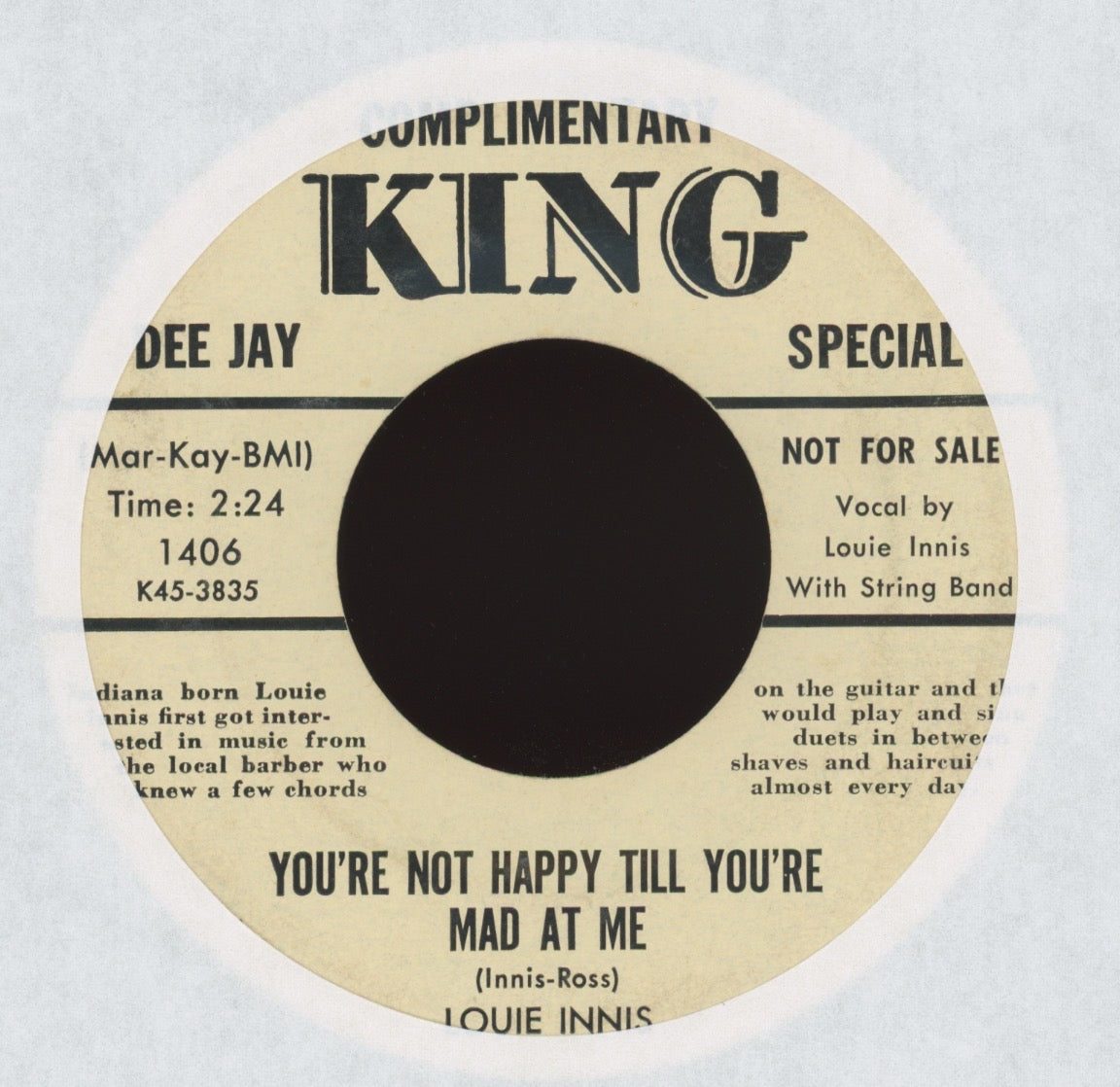 Louis Innis - You're Not Happy Till You're Mad at Me Bio Promo Hillbilly Bop 45