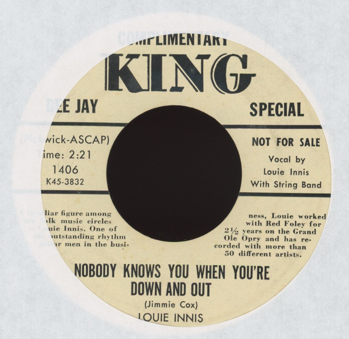 Louis Innis - You're Not Happy Till You're Mad at Me Bio Promo Hillbilly Bop 45