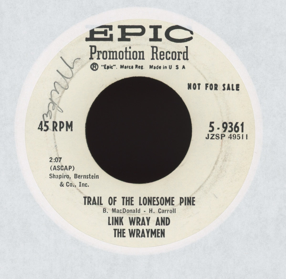 Link Wray And His Ray Men - Trail Of The Lonesome Pine on Epic Promo Instro Rockabilly 45