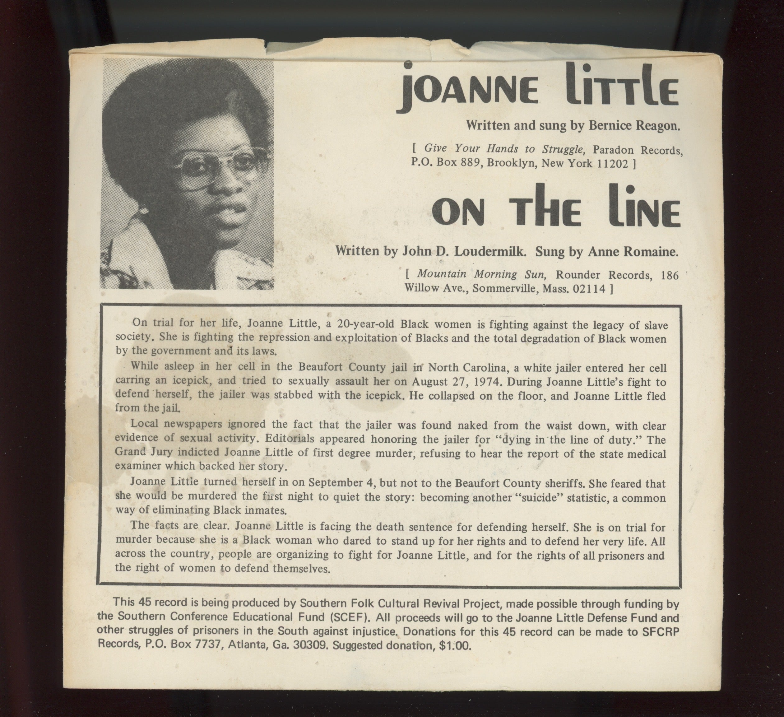 Bernice Johnson Reagon - Joanne Little on SFCRP Records Soul Funk 45 With Picture Sleeve