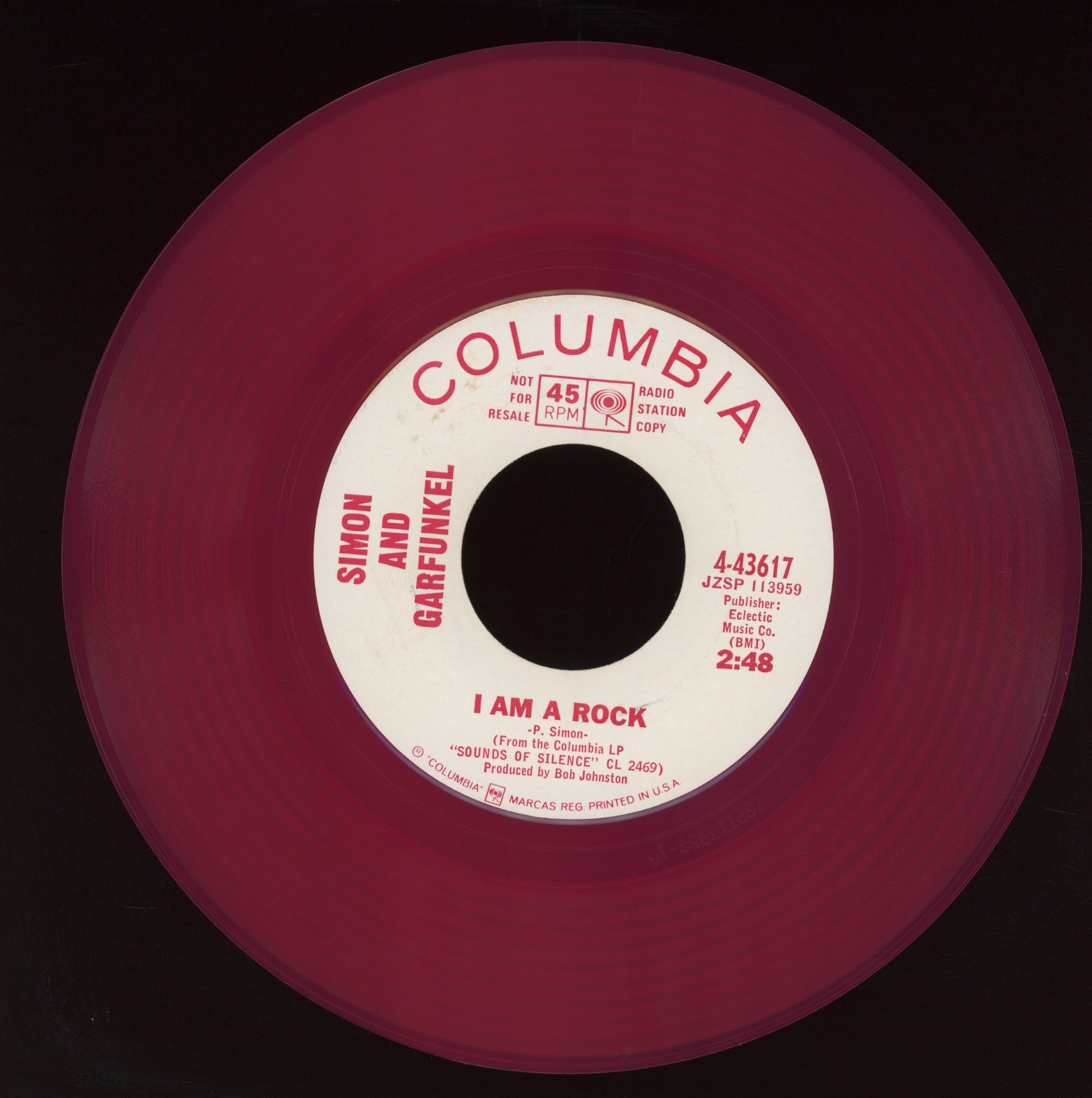 Simon & Garfunkel - I Am A Rock on Columbia Red Vinyl Promo Rock 45