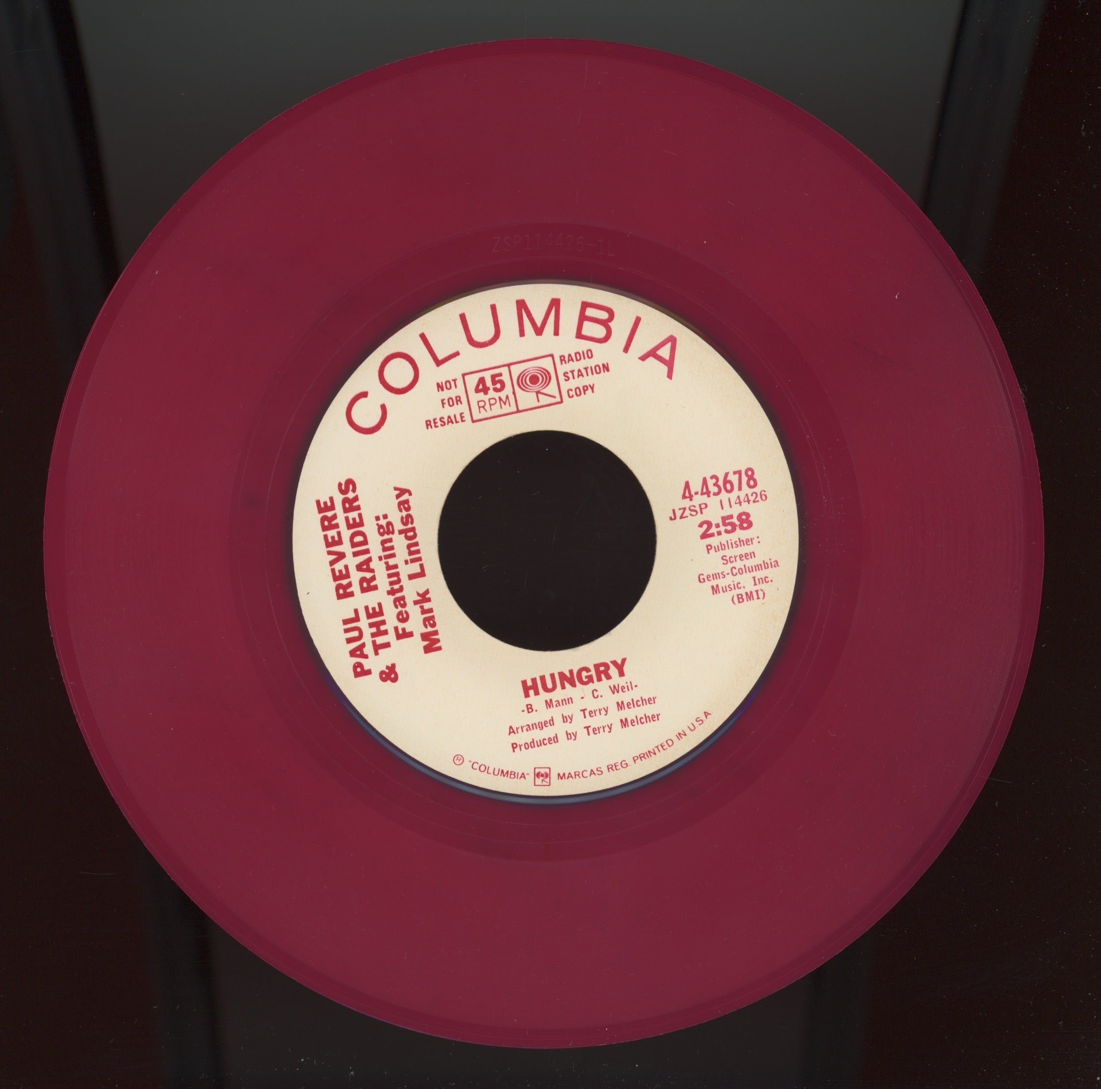 Paul Revere & The Raiders - Hungry on Columbia Red Vinyl Promo Rock 45