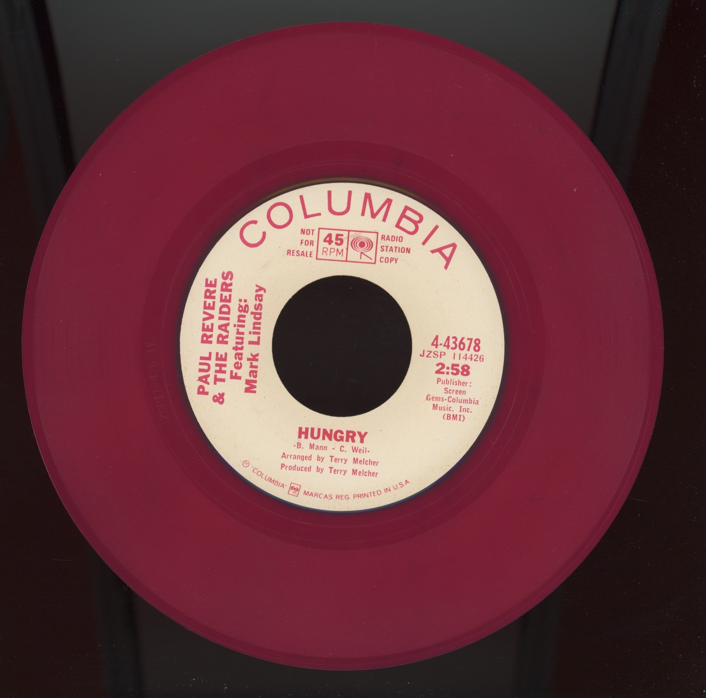 Paul Revere & The Raiders - Hungry on Columbia Red Vinyl Promo Rock 45