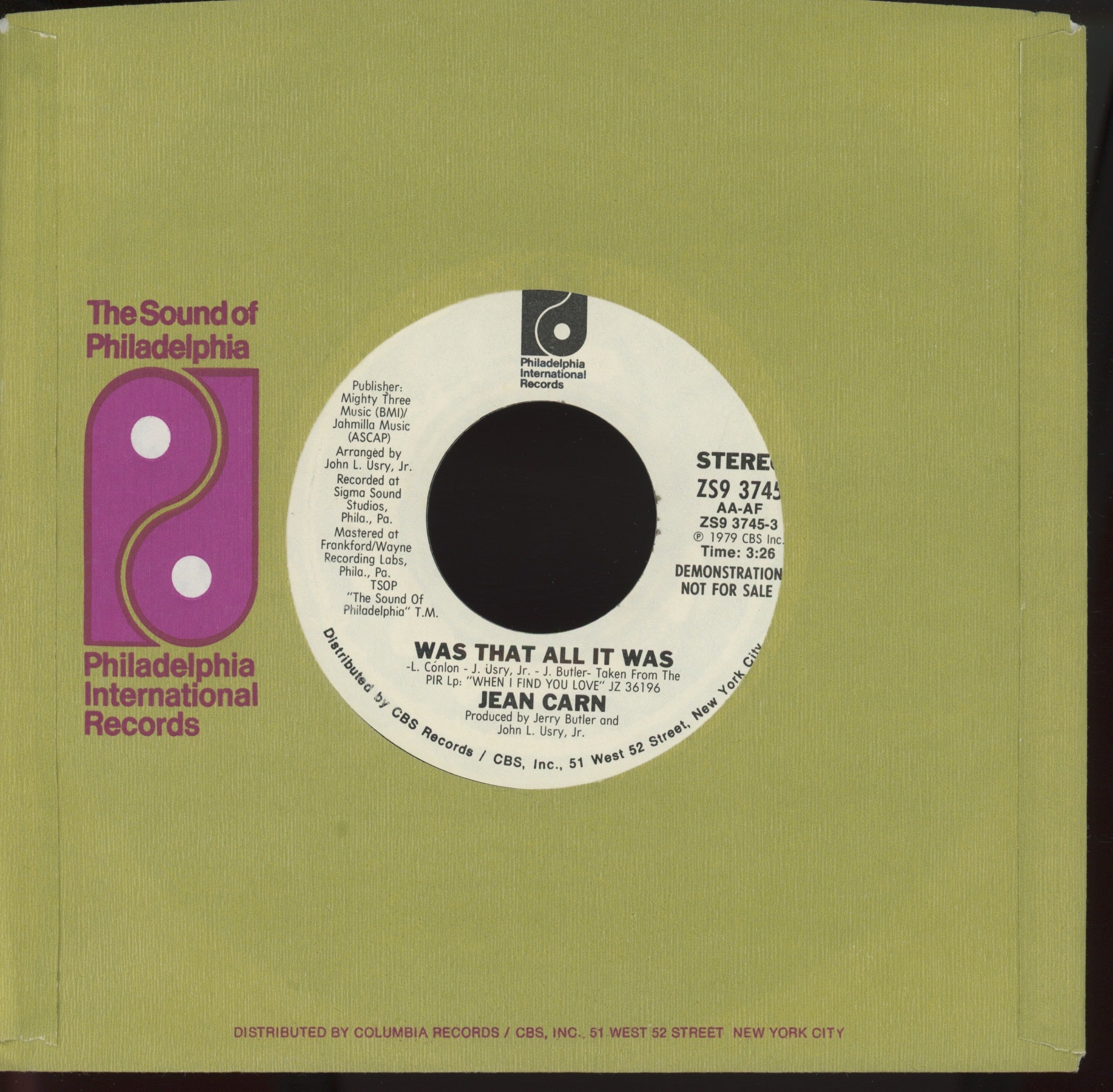 Jean Carn - Was That All It Was on Philadelphia Intl Promo Modern Soul 45
