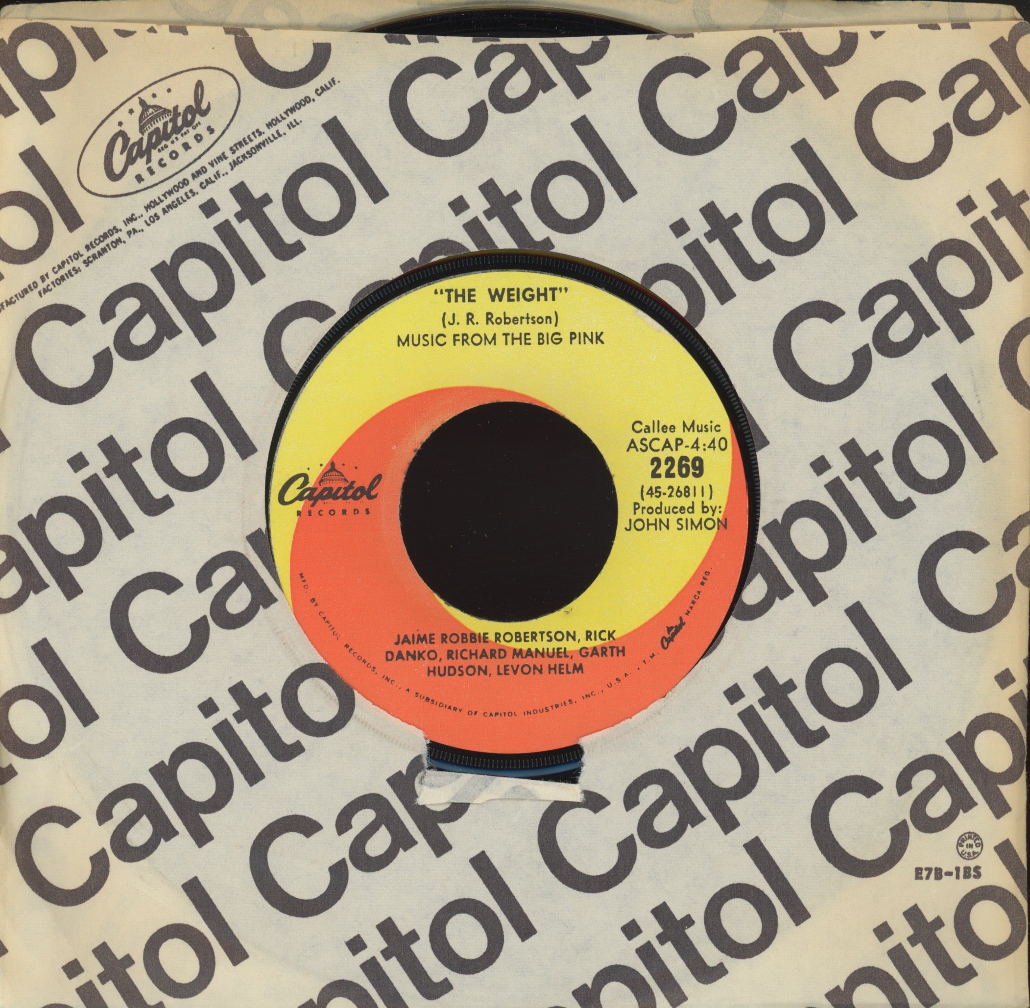 Robbie Robertson Rick Danko Richard Manuel Garth Hudson Levon Helm - The Weight on Capitol Rock 45