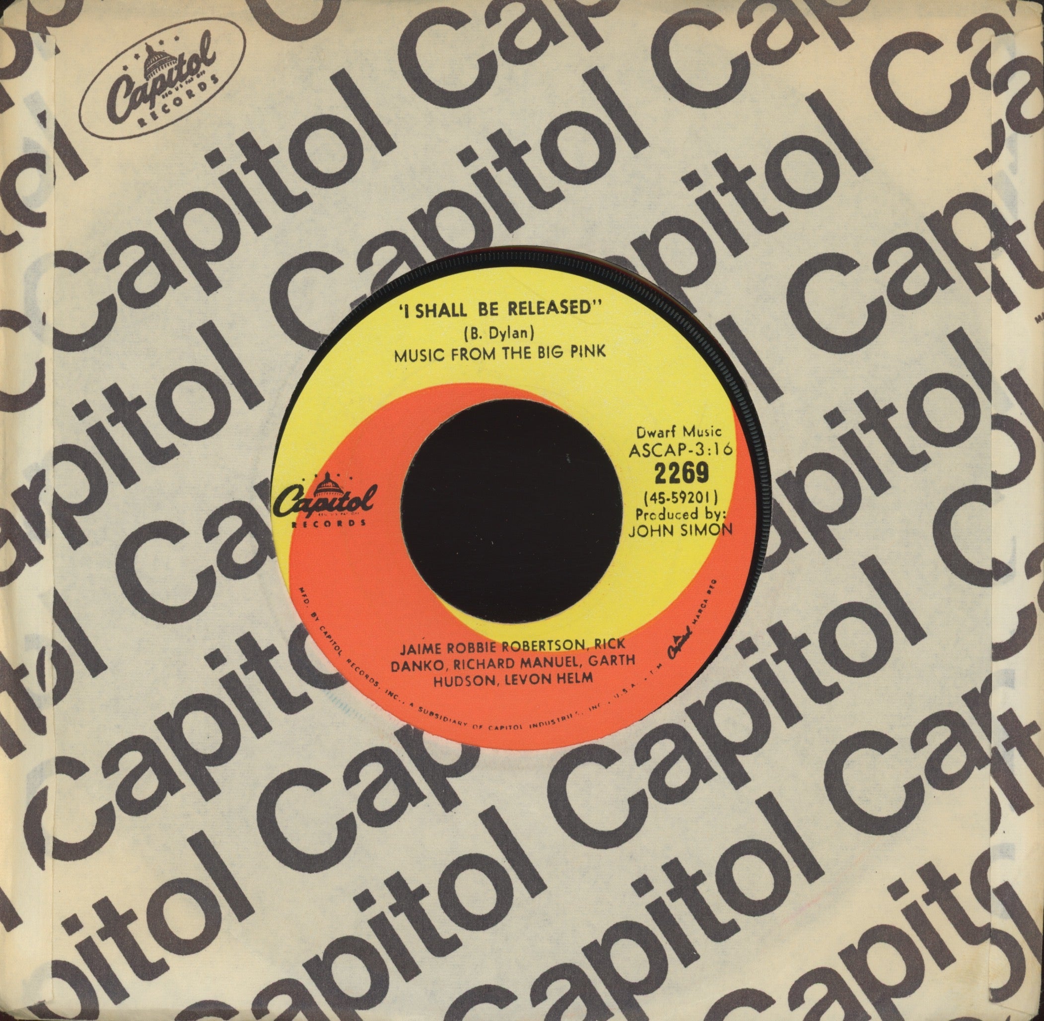 Robbie Robertson Rick Danko Richard Manuel Garth Hudson Levon Helm - The Weight on Capitol Rock 45