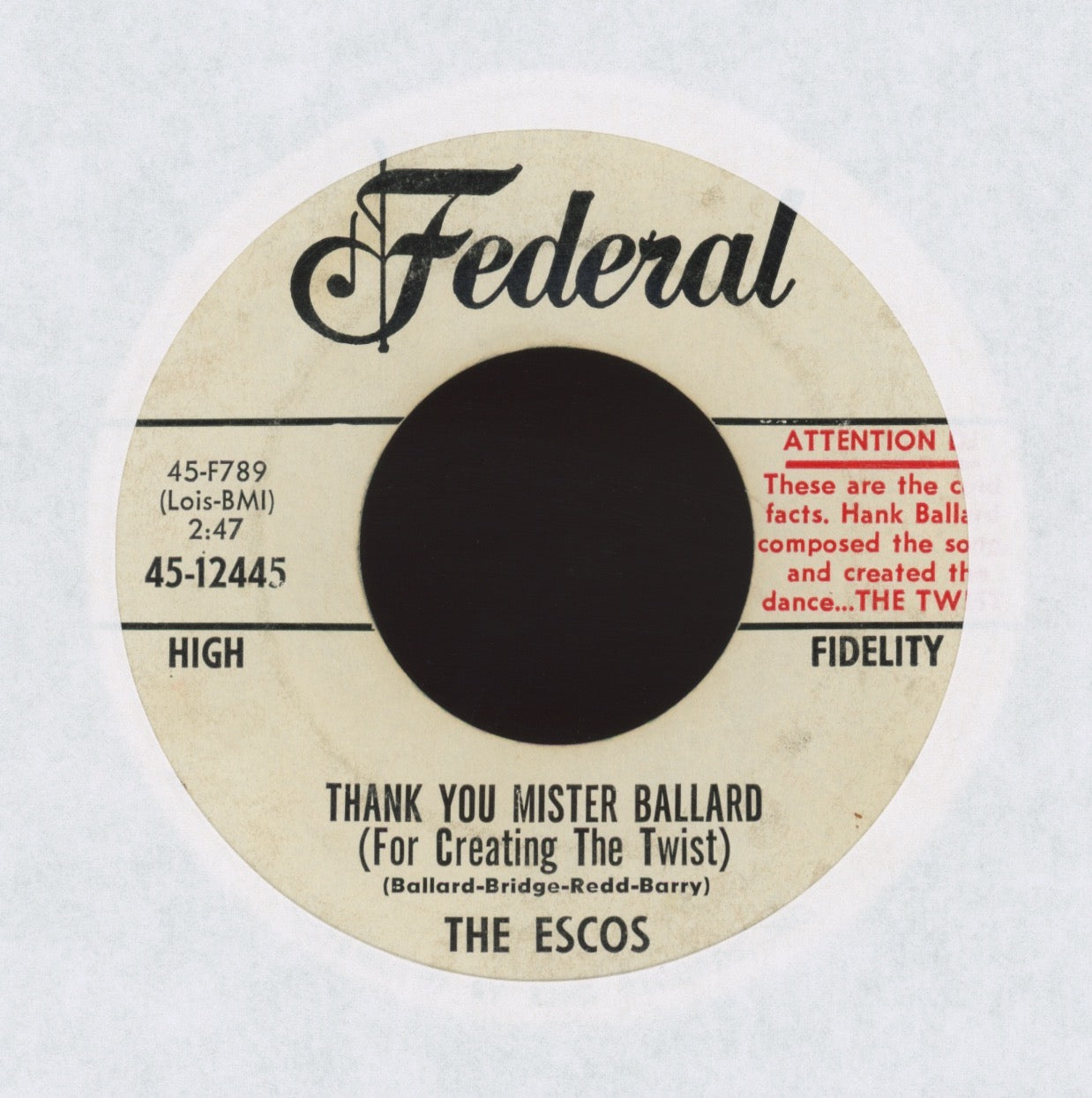 The Escos - Thank You Mister Ballard (For Creating The Twist) on Federal Promo R&B 45