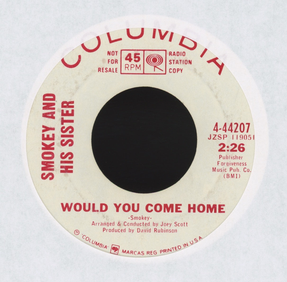Smokey And His Sister - Would You Come Home on Columbia Promo Folk Rock 45