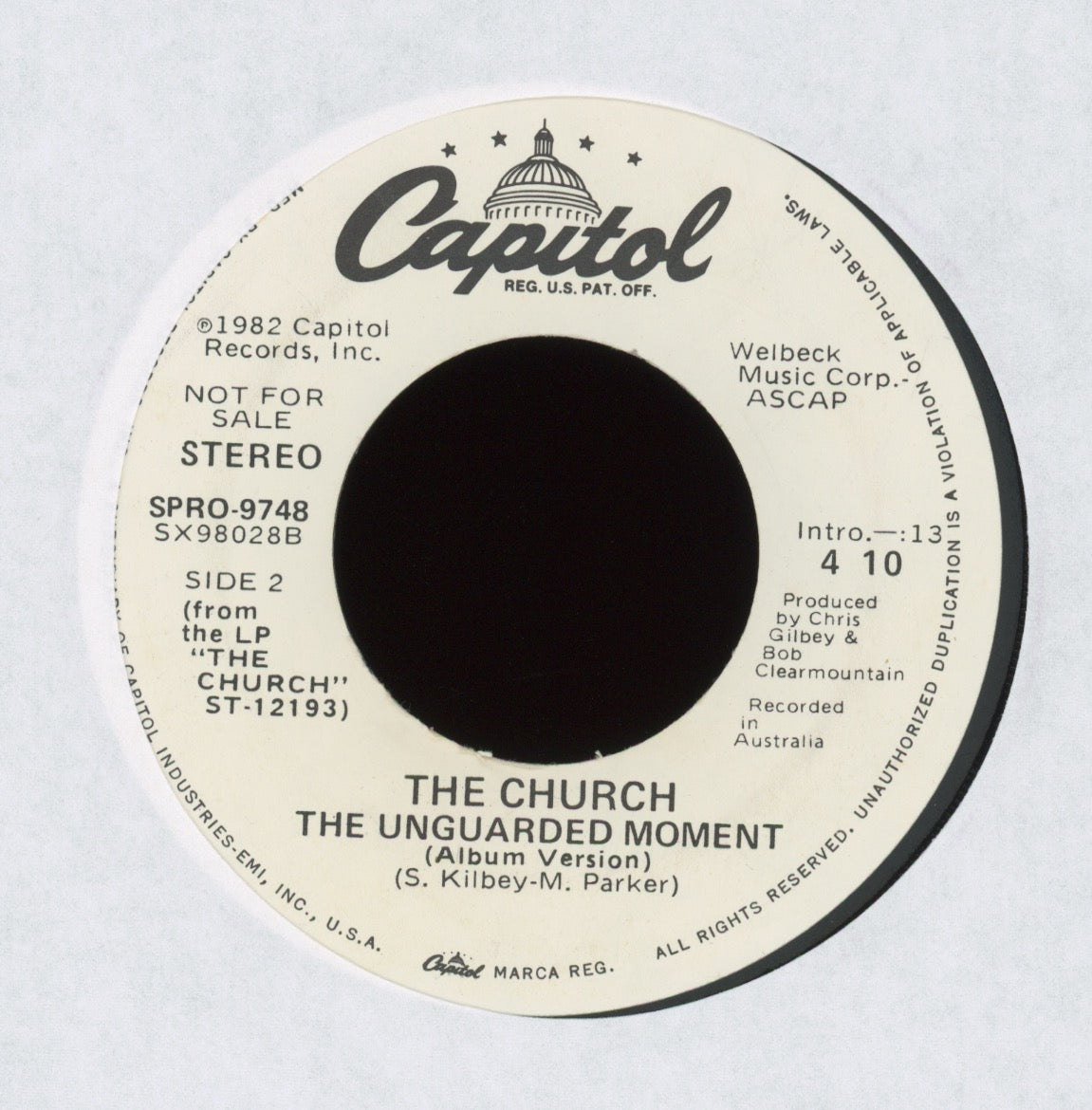 The Church - The Unguarded Moment on Capitol Promo Rock 45