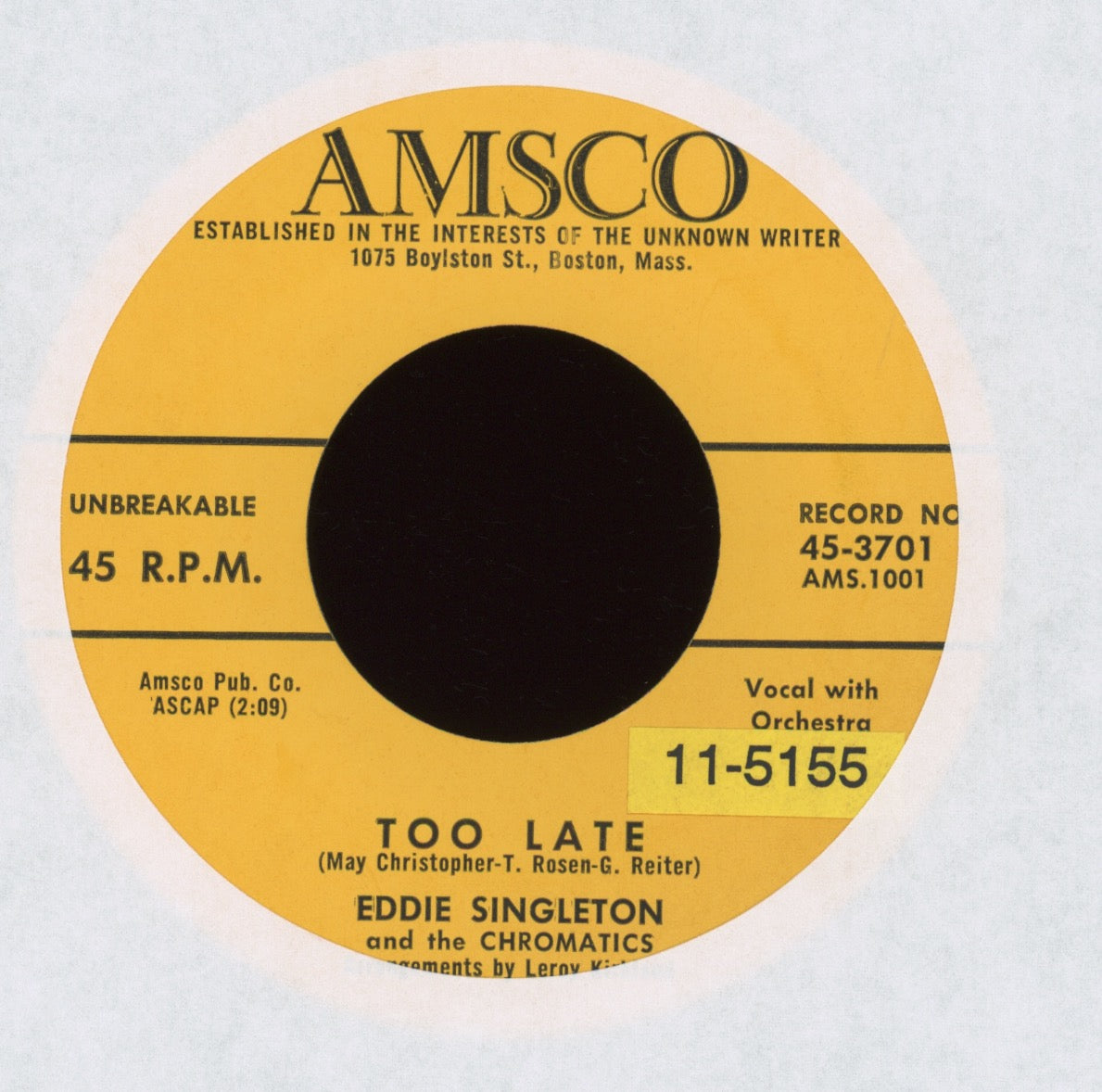 Eddie Singleton - Too Late on AMSCO R&B Doo Wop 45