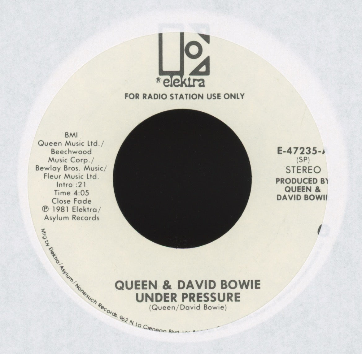Queen / David Bowie - Under Pressure on Elektra Promo Rock 45