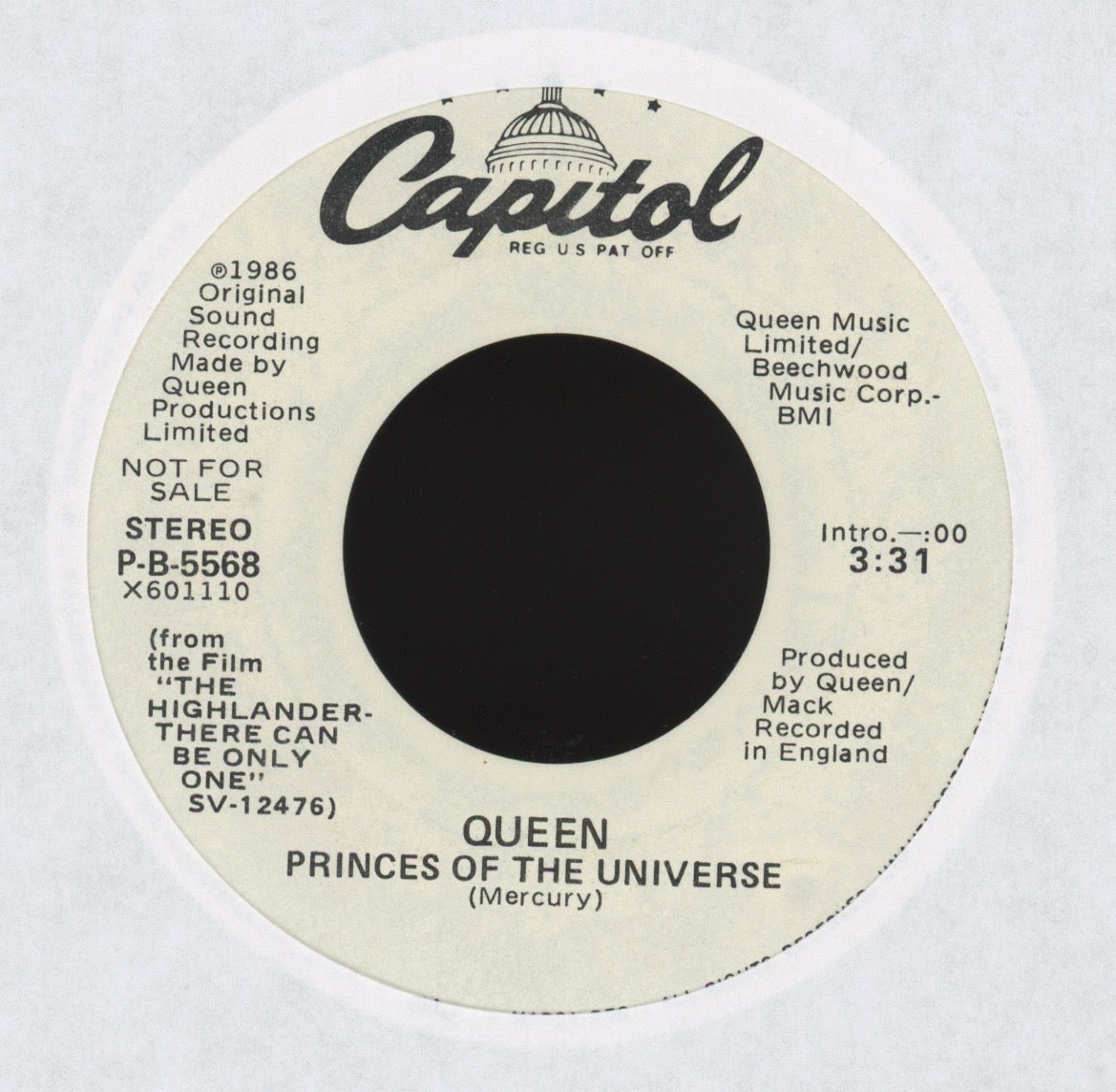 Queen - Princes Of The Universe on Capitol Promo Rock 45