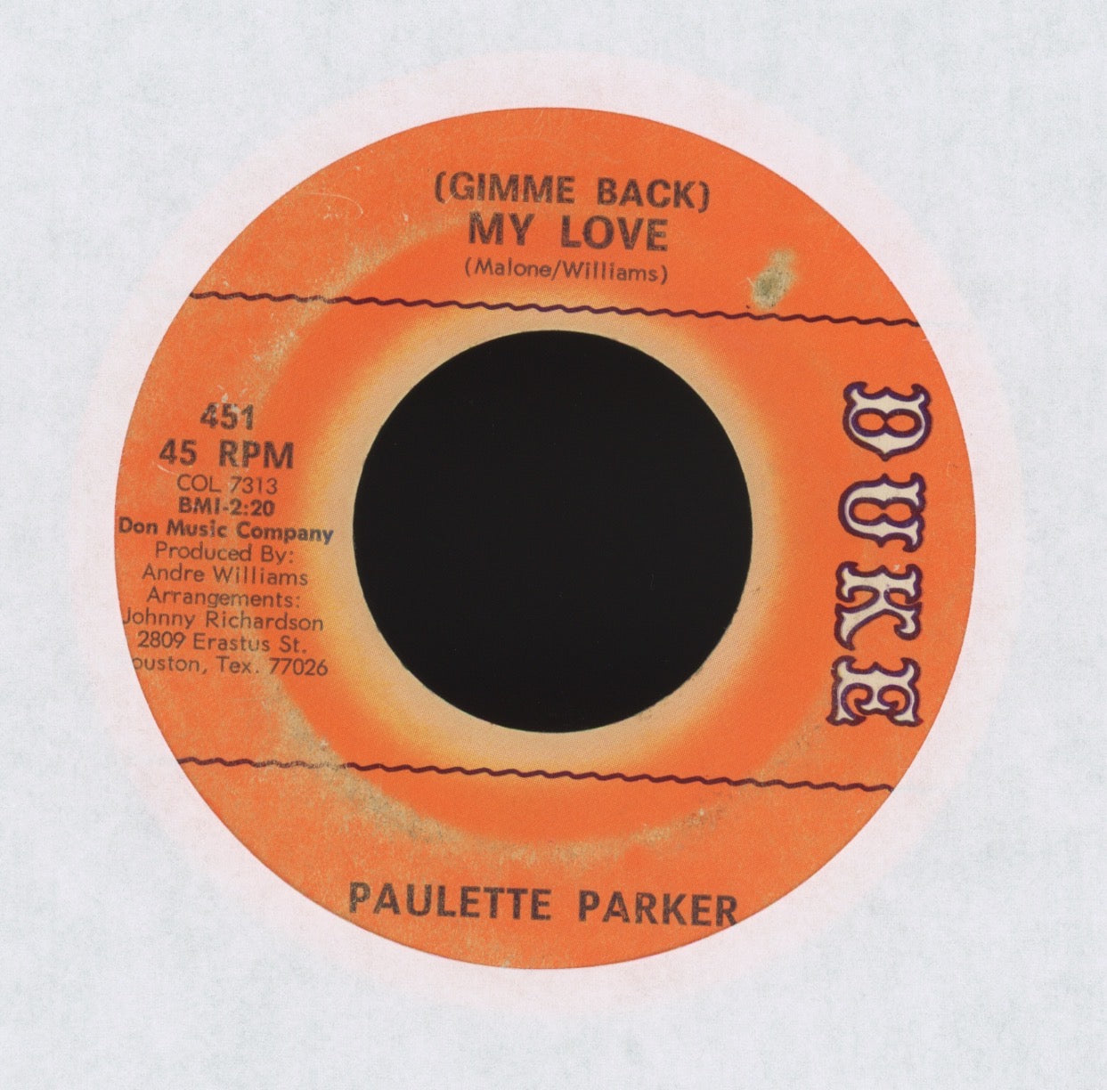 Paulette Parker - (Gimme Back) My Love on Duke Northern Soul 45