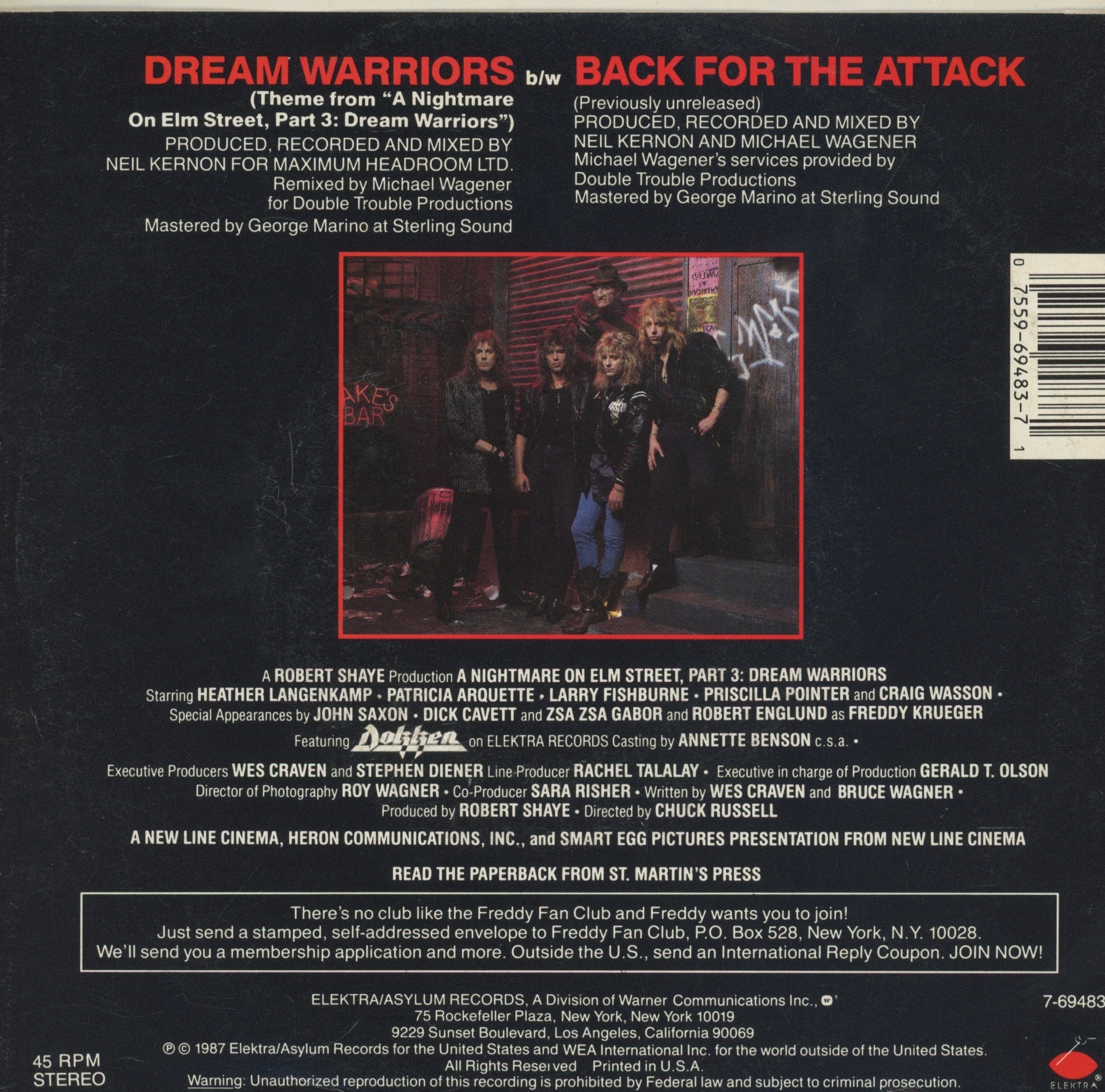 Dokken - Dream Warriors on Elektra Metal 45 With Picture Sleeve