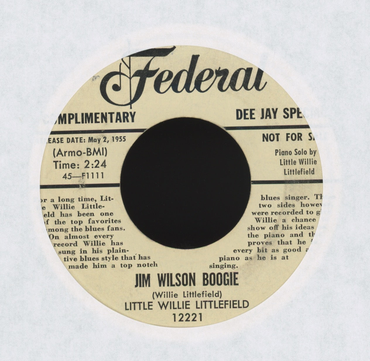 Little Willie Littlefield - Jim Wilson Boogie on Federal Bio Promo R&B Boogie Woogie 45