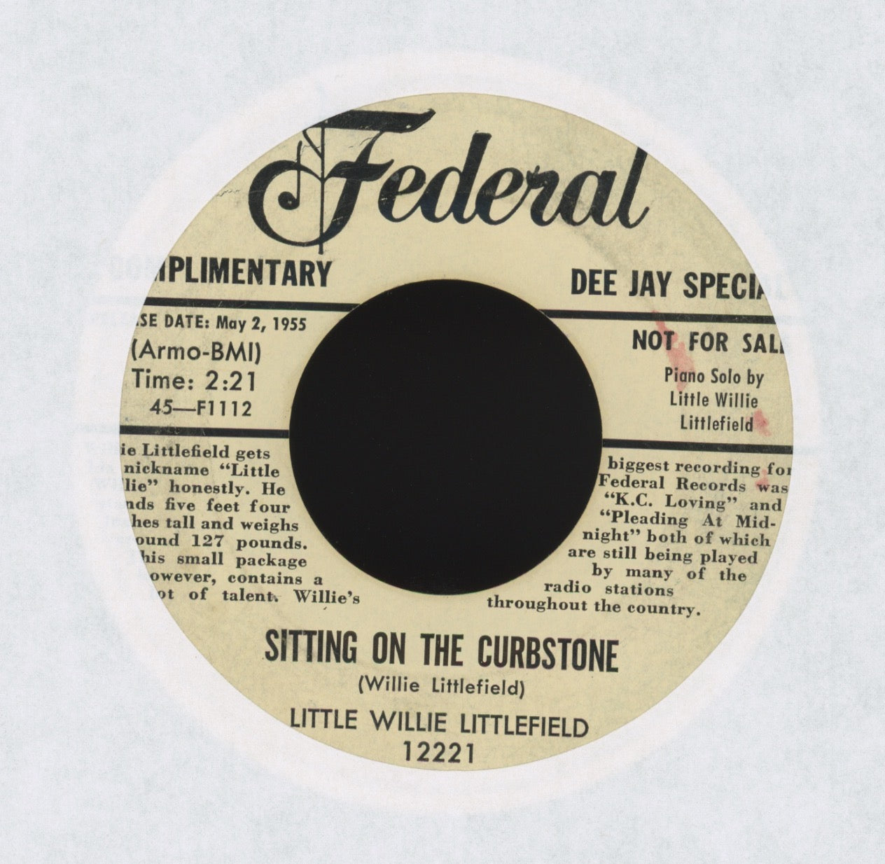 Little Willie Littlefield - Jim Wilson Boogie on Federal Bio Promo R&B Boogie Woogie 45