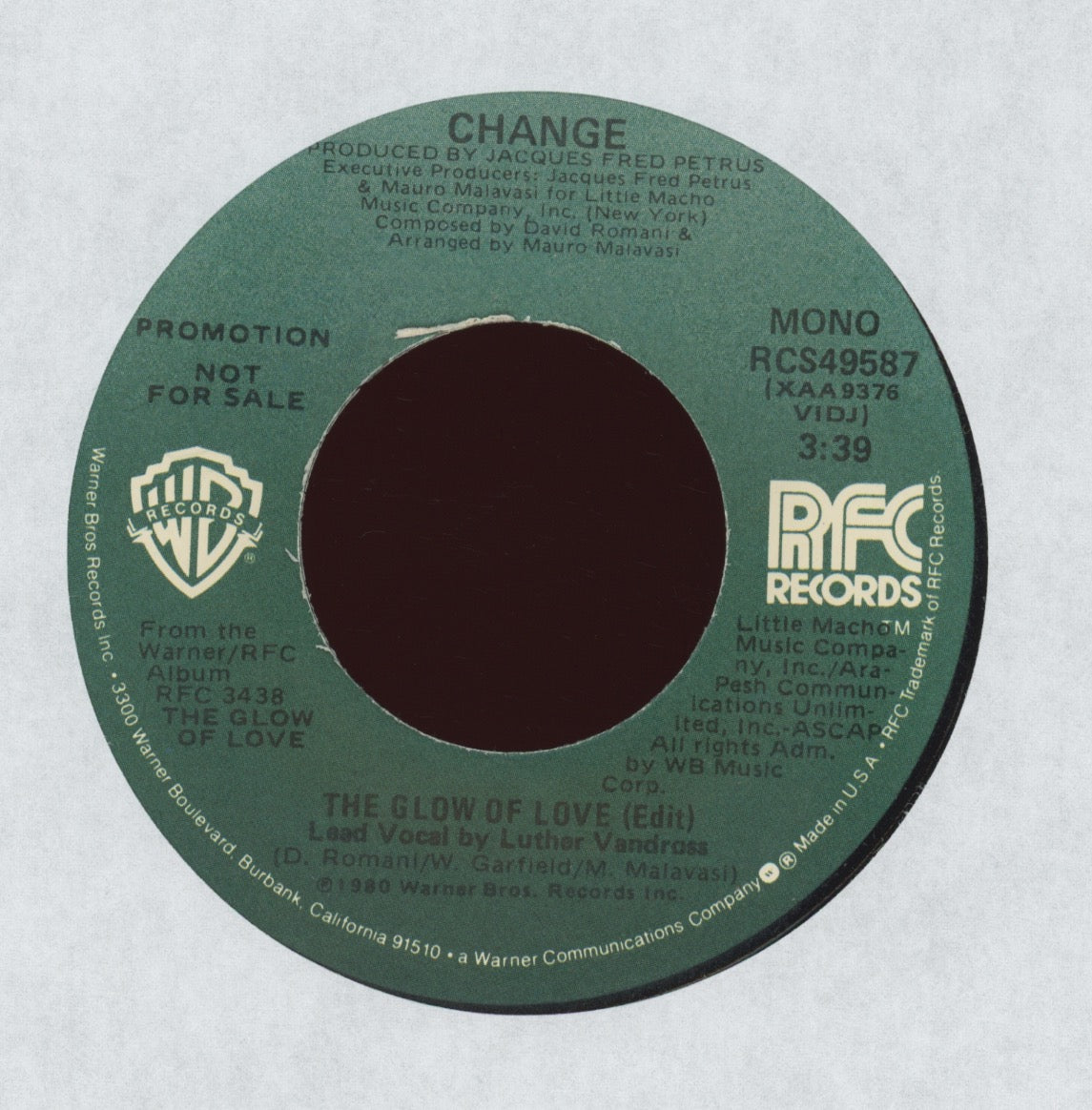 Change - The Glow Of Love on Warner RFC Promo Modern Soul Boogie 45