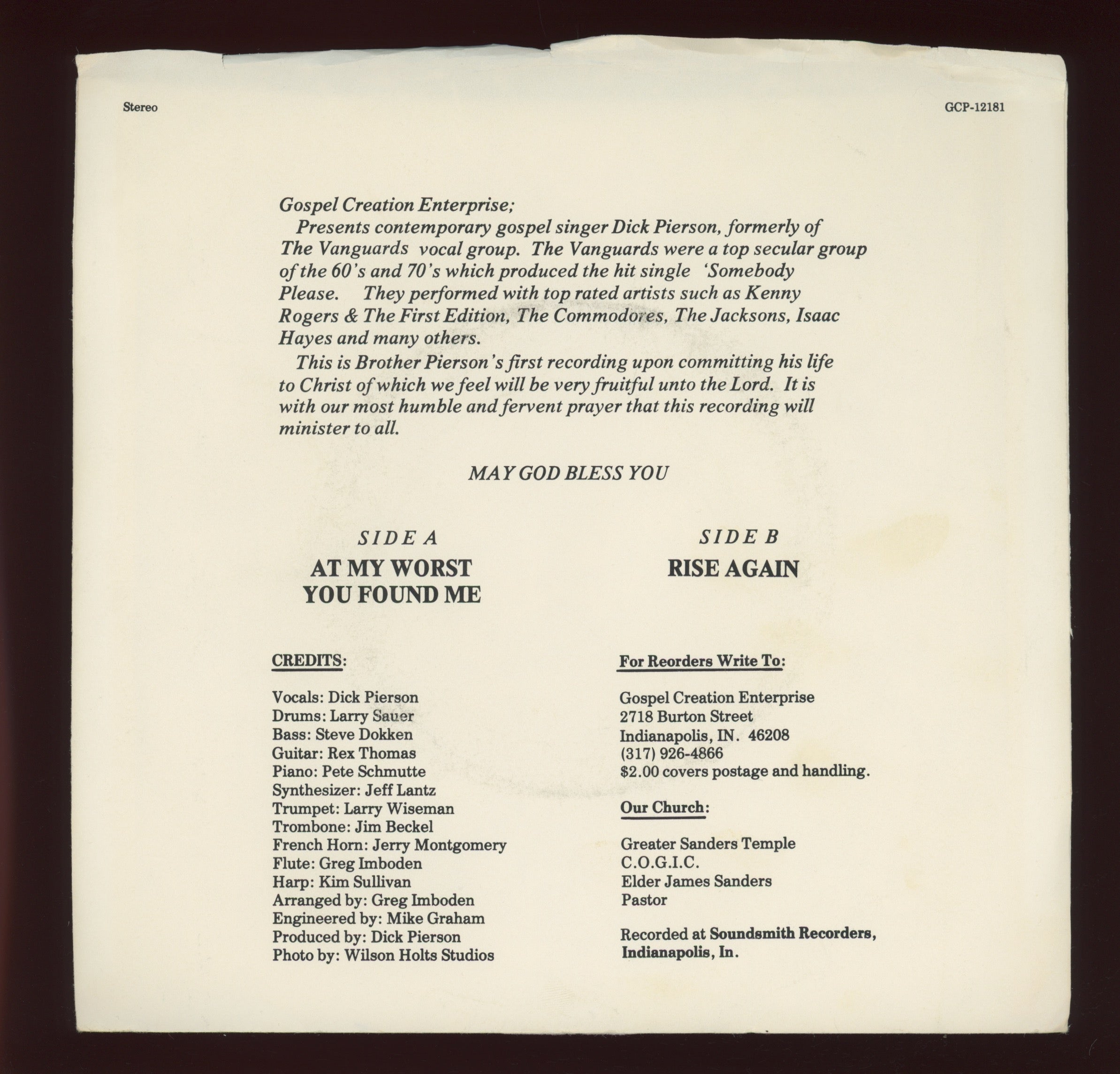 Dick Pierson - At My Worst You Found Me Gospel Soul 45 With Picture Sleeve Vanguards