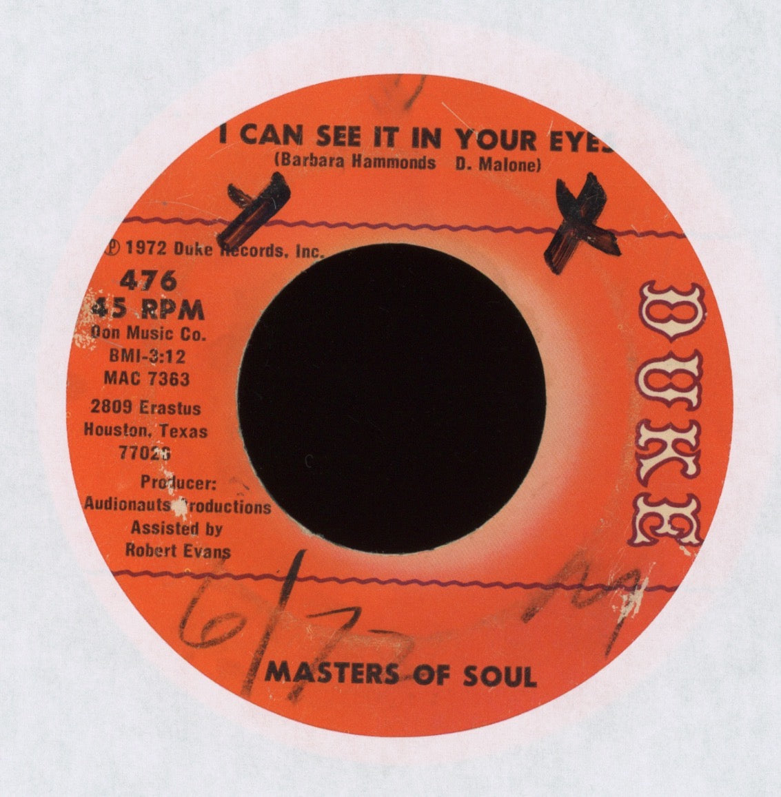 Masters Of Soul - I Can See It In Your Eyes on Duke Northern Soul Popcorn 45