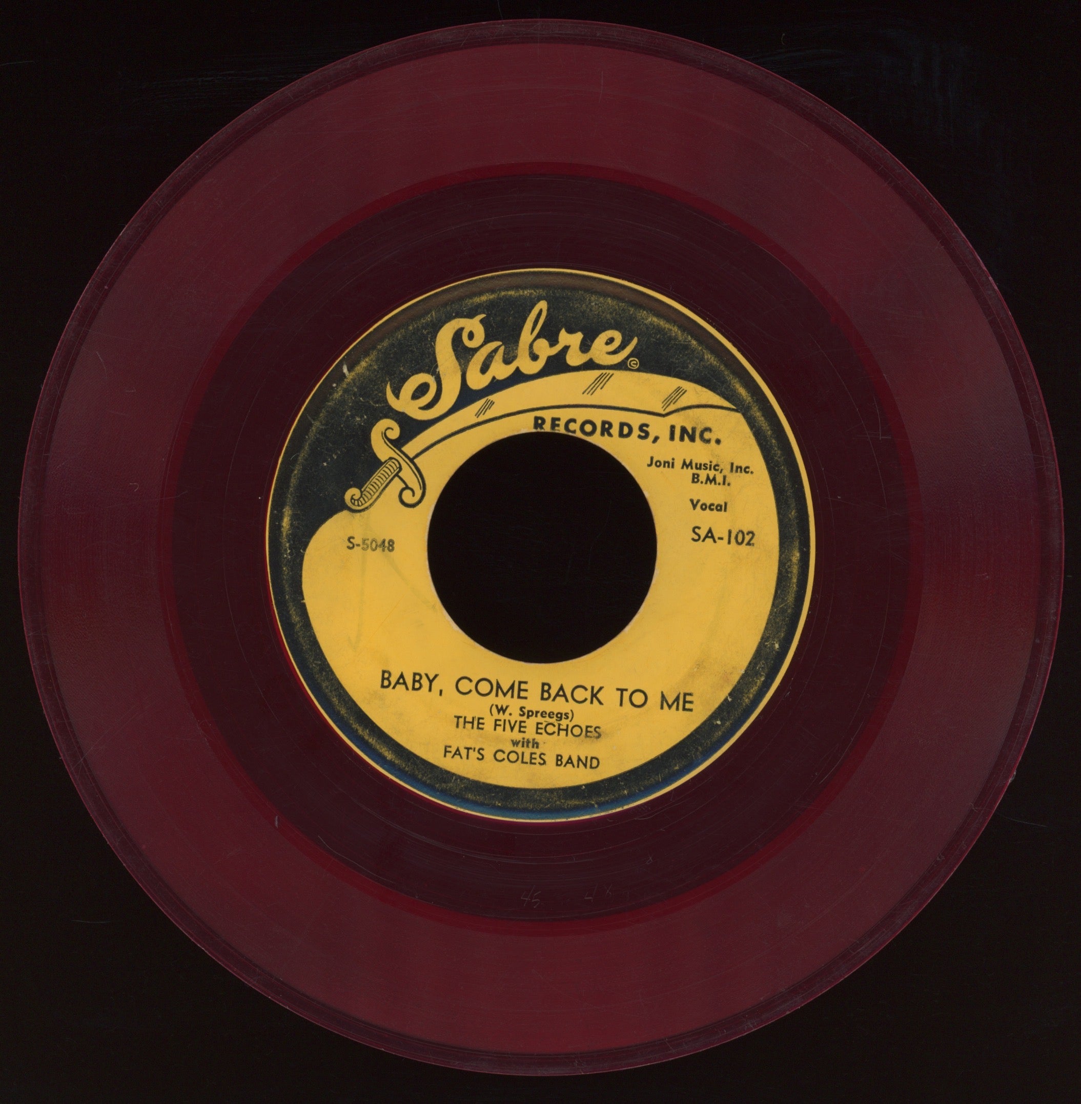 The 5 Echoes With Fats Coles Band - Baby Come Back To Me on Sabre R&B Doo Wop 45