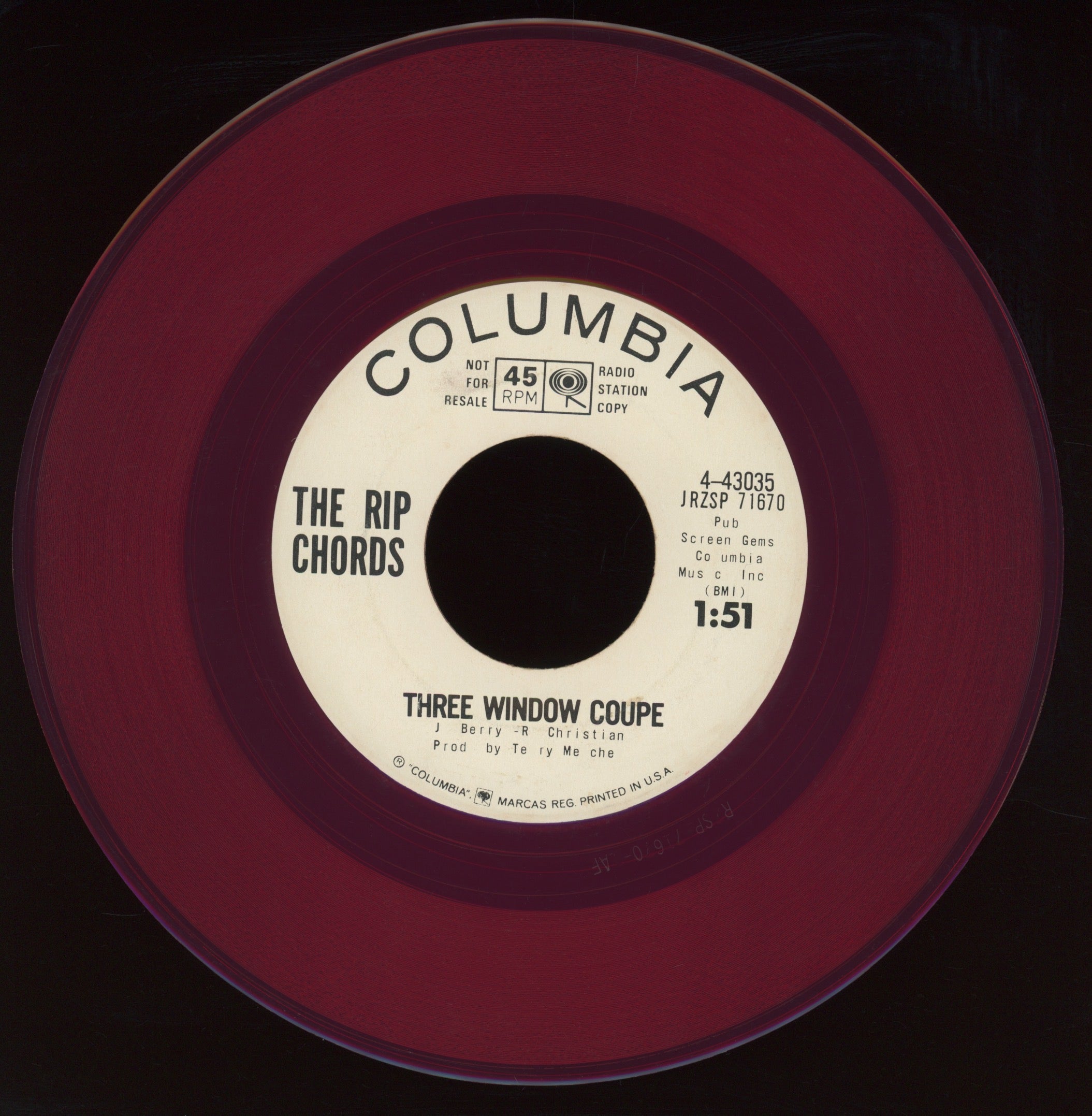 The Rip Chords - Three Window Coupe on Columbia Red Vinyl Promo Hot Rod Surf 45