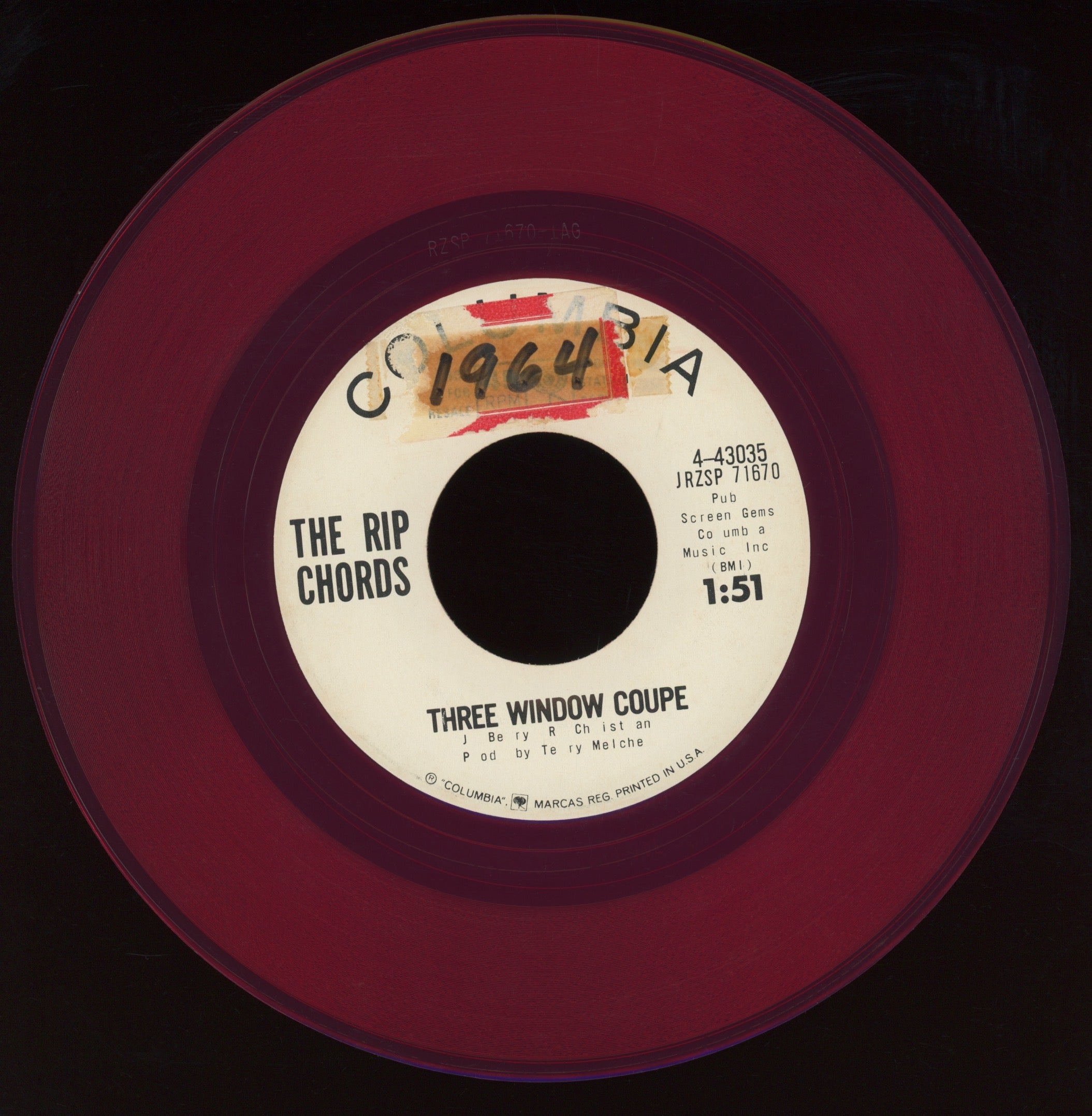 The Rip Chords - Three Window Coupe on Columbia Red Vinyl Promo Hot Rod Surf 45
