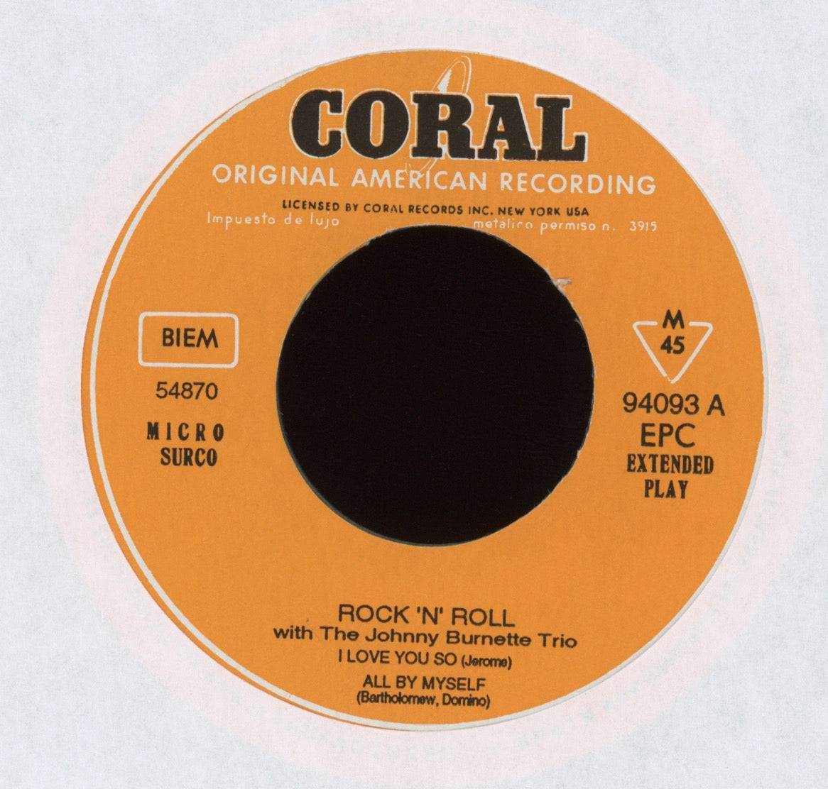 The Johnny Burnette Trio - Rock 'N' Roll With The Johnny Burnette Trio on Coral 45 EP Spanish Reissue