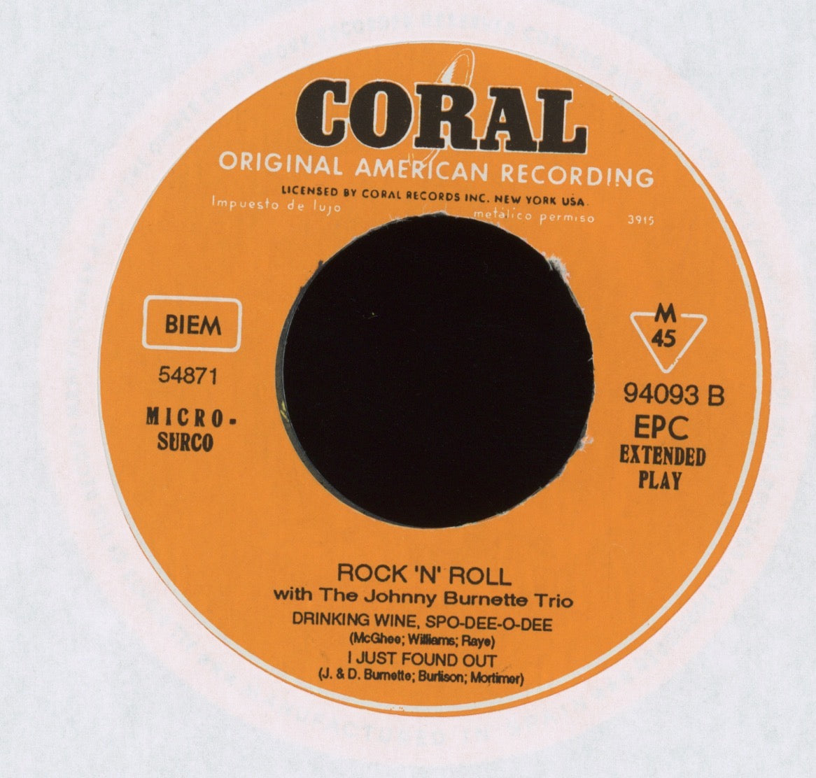The Johnny Burnette Trio - Rock 'N' Roll With The Johnny Burnette Trio on Coral 45 EP Spanish Reissue
