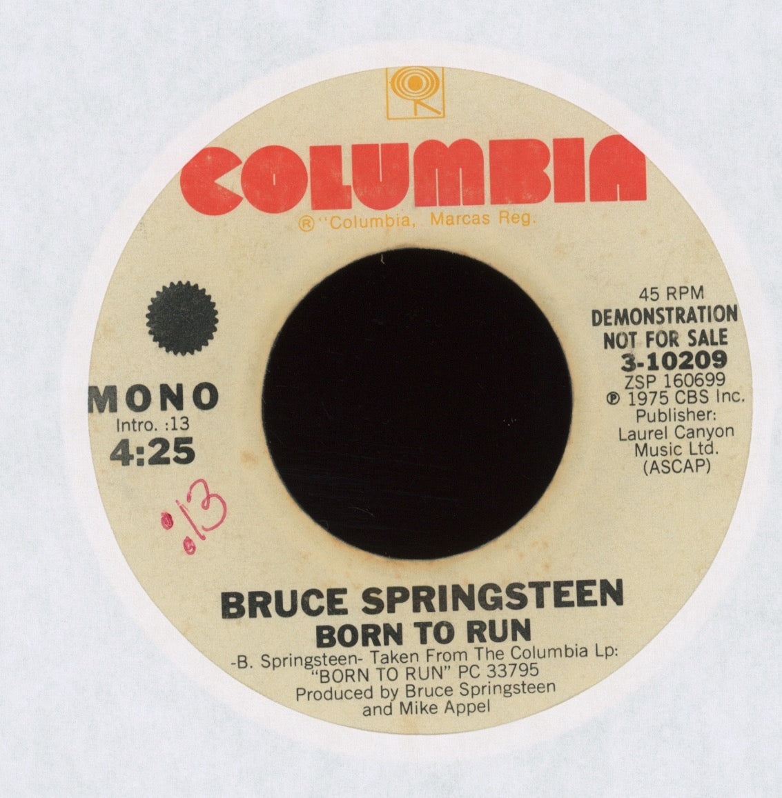 Bruce Springsteen - Born To Run on Columbia Promo Rock 45