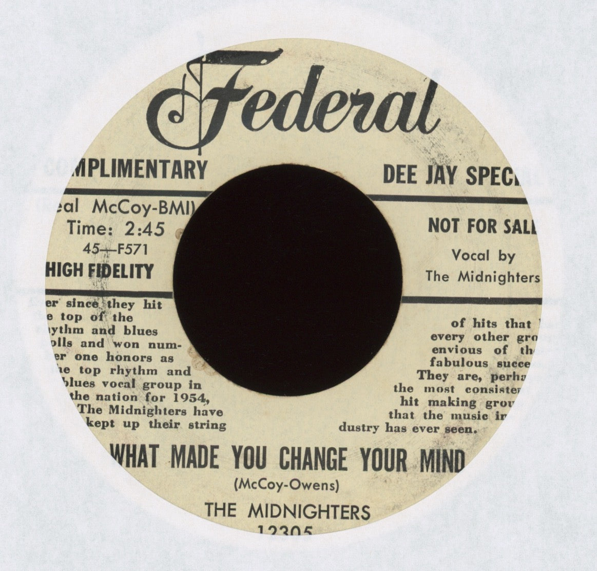 The Midnighters - What Made You Change Your Mind on Federal Bio Promo R&B Doo Wop 45