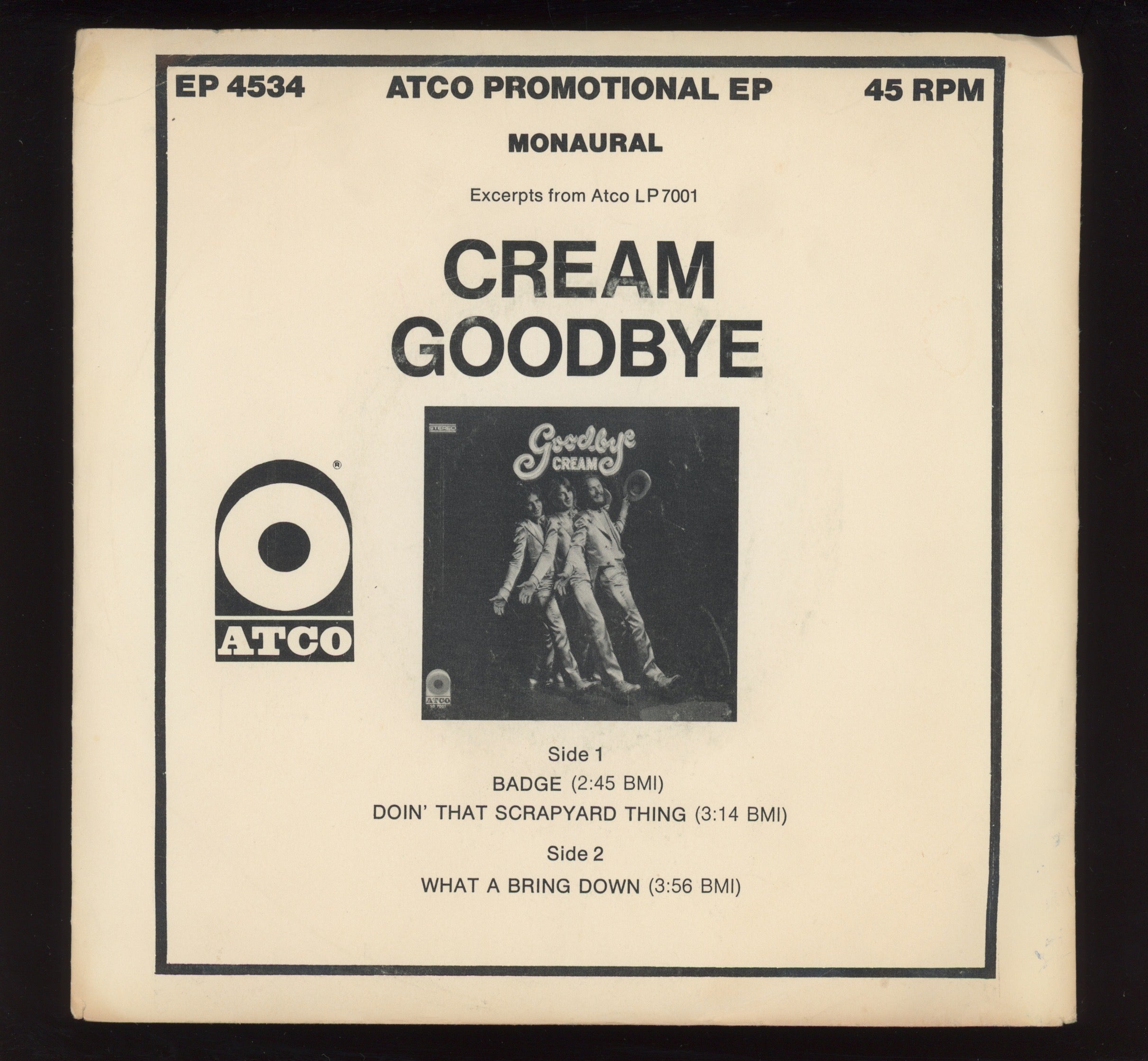 Cream - Goodbye on Atco Mono Promo EP With Picture Sleeve
